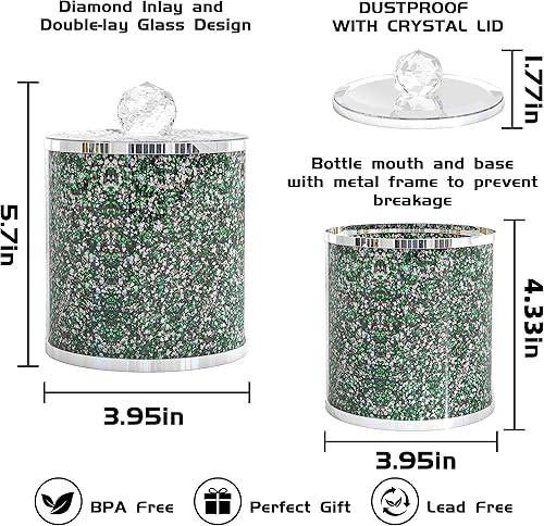Miniatura 2 de SHYFOY Juego de 3 recipientes de vidrio decorativos, tarros verdes con tapa, diamante triturado, decoración del hogar, contenedor de almacenamiento
