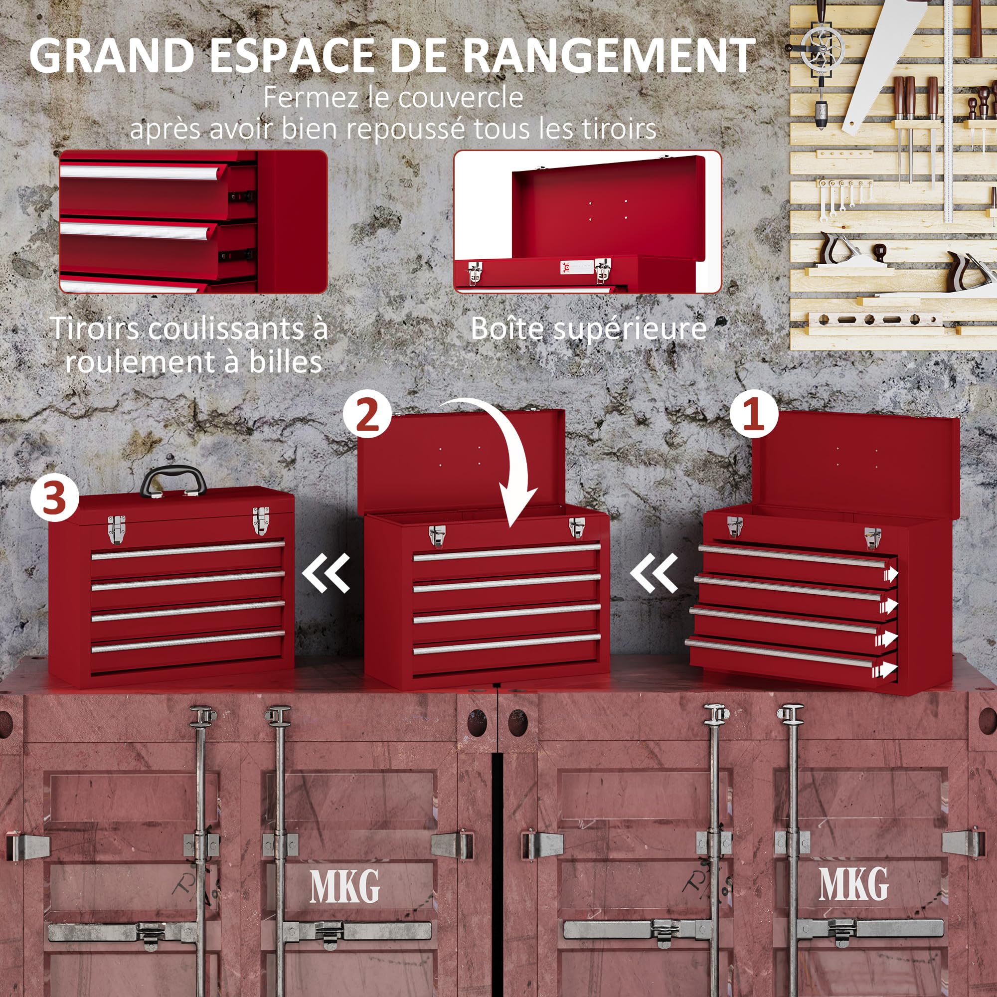 DURHAND Boite à outils métallique coffret à outils caisse à outils 4 tiroirs + plateau tôle acier rouge - 51 x 22 x 39,5 cm