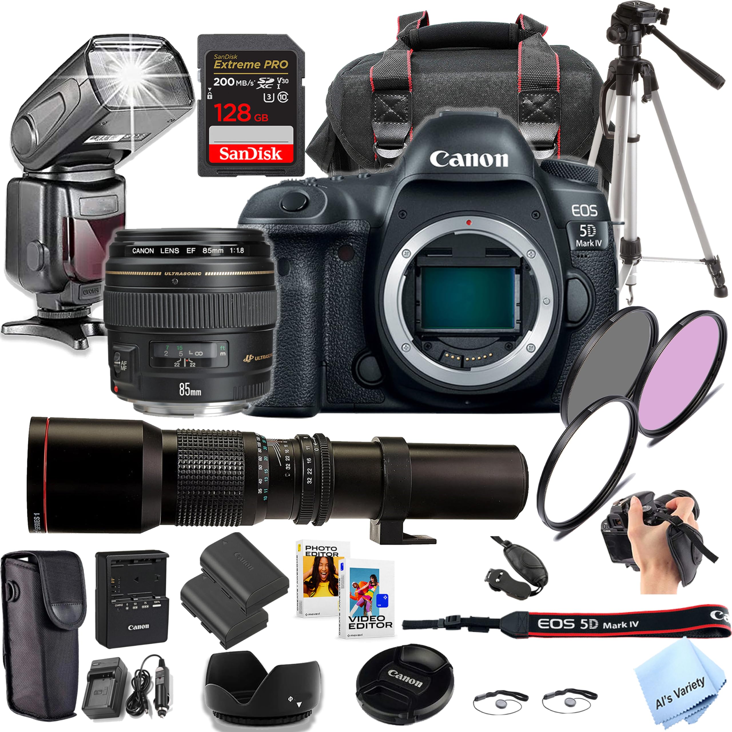 Canon EOS 5D Mark IV DSLR Camera with 85mm f/1.8 USM Lens + 500mm F/8 Preset Telephoto Lens + TTL Speed Light Flash + 128GB Memory, Filters, Case, Tripod + More (Pro Photo Bundle) (Renewed)