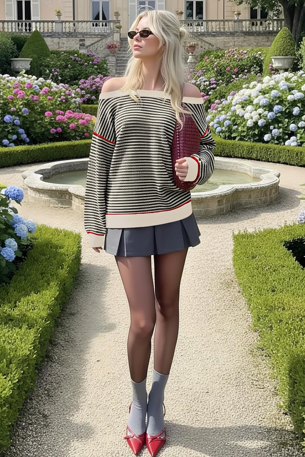 Soesdemo Womens Oversized Sweater Off The Shoulder Crewneck Striped Cute Long Sleeve Knitted Pullover Tunic Sweaters - Image 6