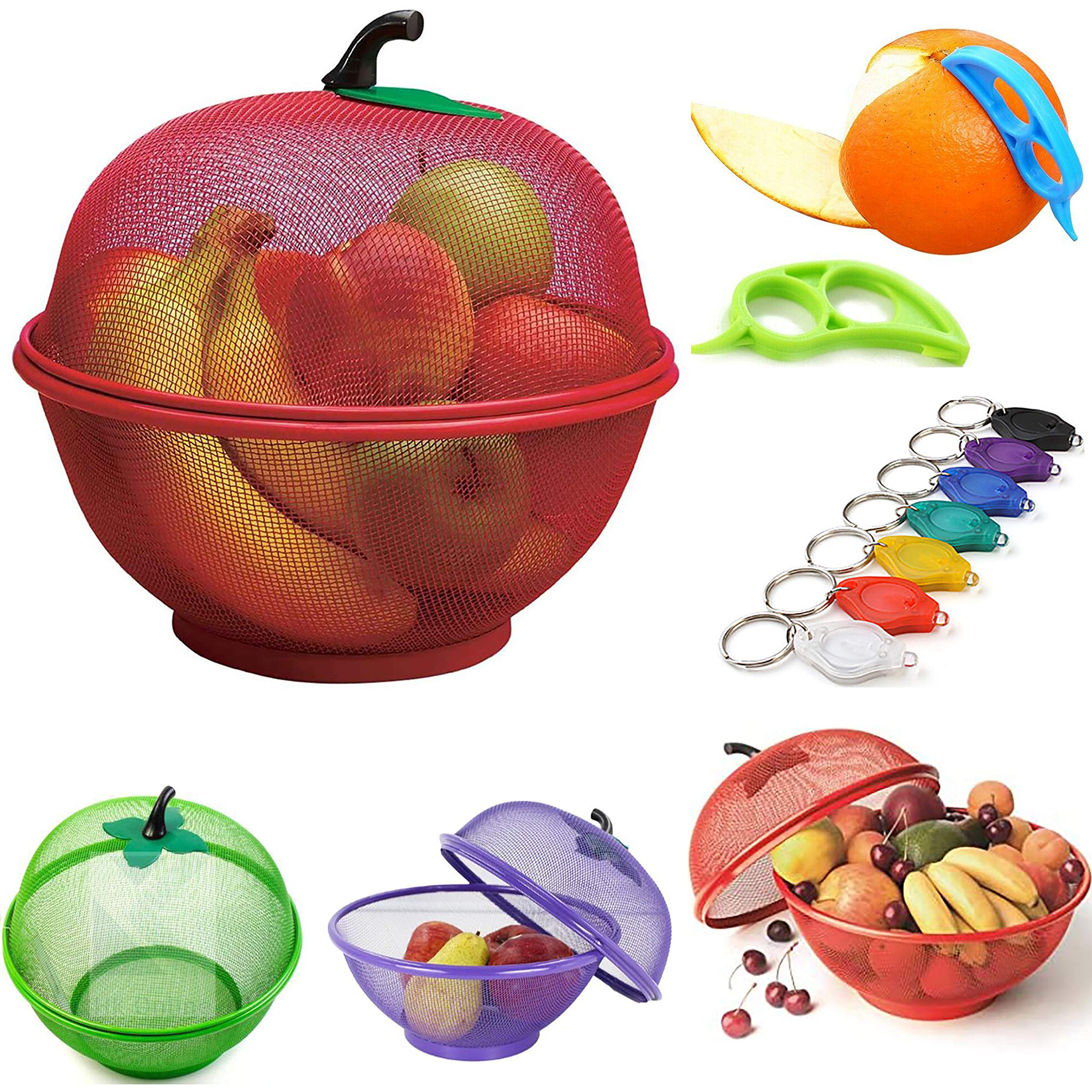 Apple Mesh Fresh Fruits Basket, Keychain Torch & Citrus RING Peeler -Keep Unwanted Pets & Insects Out (Green Basket, RING Peeler & Torch)