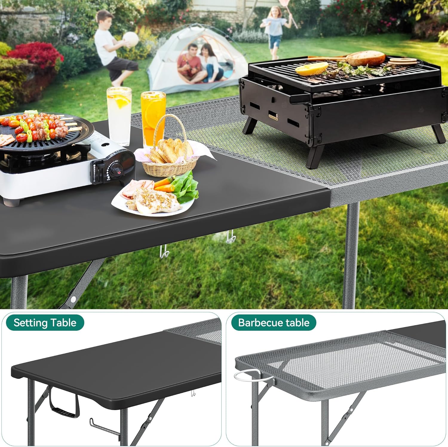 YITAHOME 6Ft Metal Folding Table for Grill Portable 2-in-1 Design Folding Grill Table with Mesh Desktop for Camping Cooking BBQ Picnic, Black