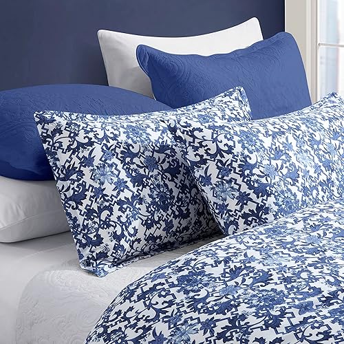 Azulejos portugueses vintage Azulejos Funda de edredón de lujo Medallón Español Pintado Cerámica Blanco Azul Patrón Mosaicos Celosía y Flores