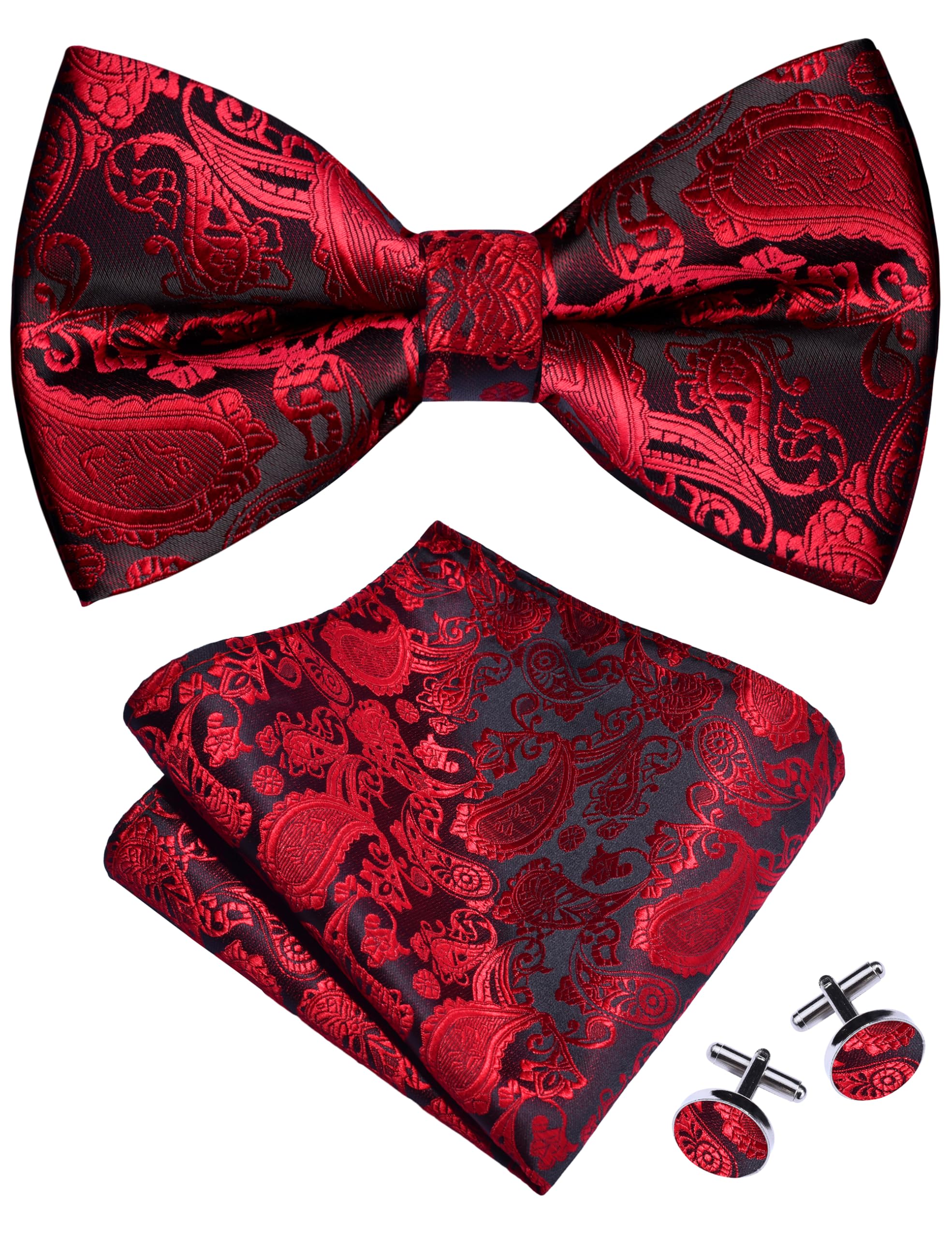 GUSLESON Mens Paisley Bow Tie Handkerchief Jacquard Woven Adjustable Pre-Tied Bowties Pocket Square Cufflinks Set
