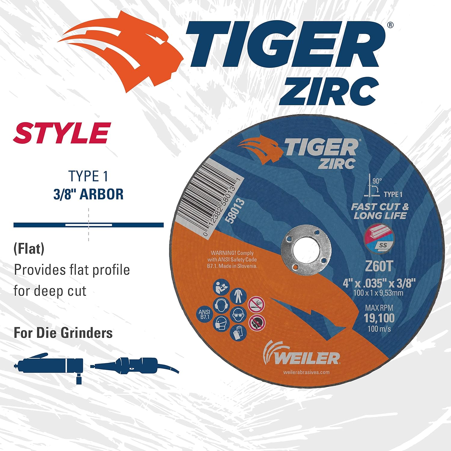 Weiler 58013 4-Inch Cutting Wheel, Tiger Zirc Metal Fast Cut & Long Life, High Performance Cutting, 0.035" Z60T Type 1 3/8" Arbor (Pack of 25)