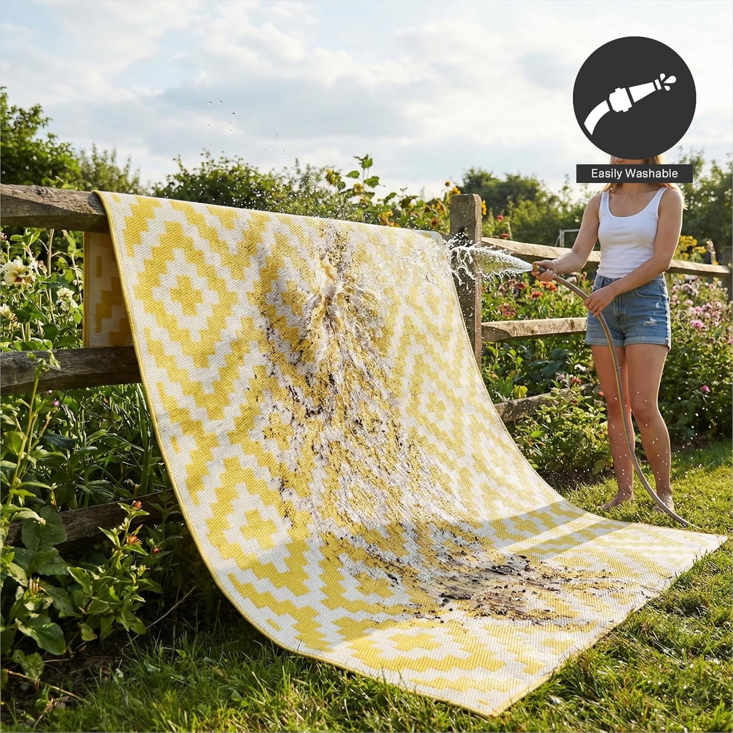FH Home Outdoor Camping Rug - Waterproof, Fade Resistant, Reversible - Premium Recycled Plastic - Geometric - Large Patio, Deck, Sunroom, RV - Aztec - Yellow & White - 9 x 12 ft Foldable