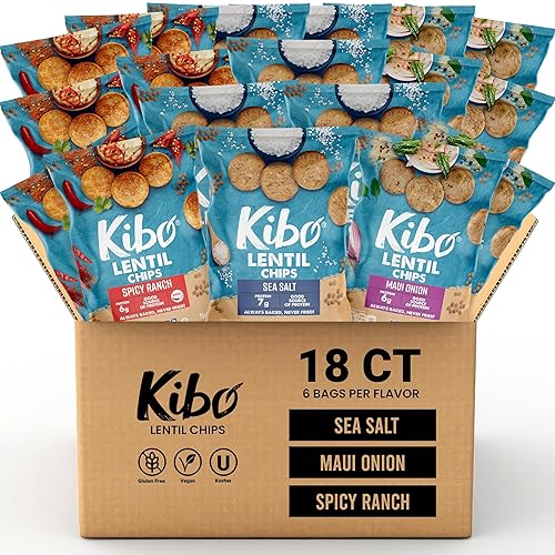 Kibo - Paquete variado de chips de lentejas, chips veganos sin gluten, verificados sin OMG, a base de plantas, 0.99oz, cebolla Maui, sal marina y