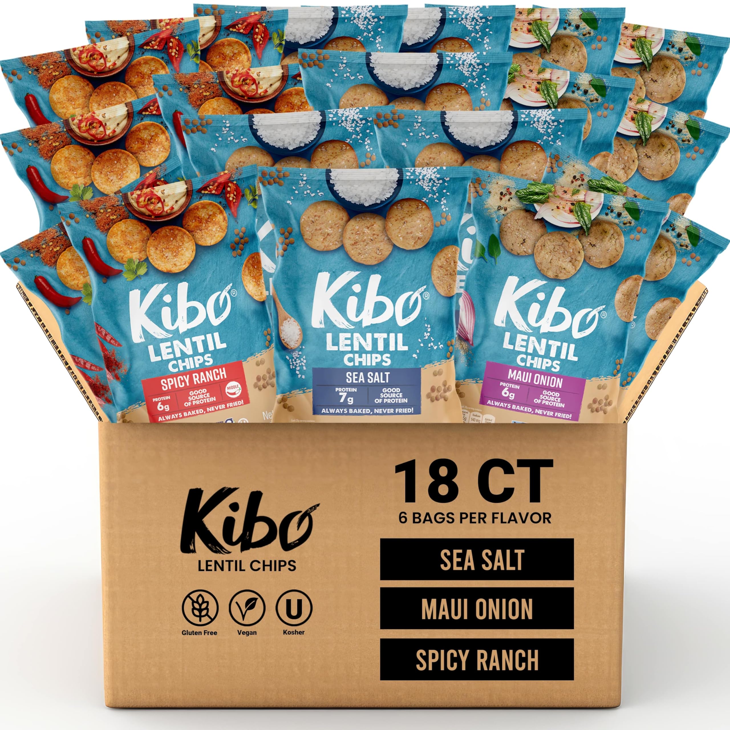 Kibo Lentil Chips Variety Pack - Gluten-Free, Vegan, Non-GMO, Plant-Based, Maui Onion, Sea Salt, Spicy Ranch - Made with Real Veggies - 28g, 18 Pack