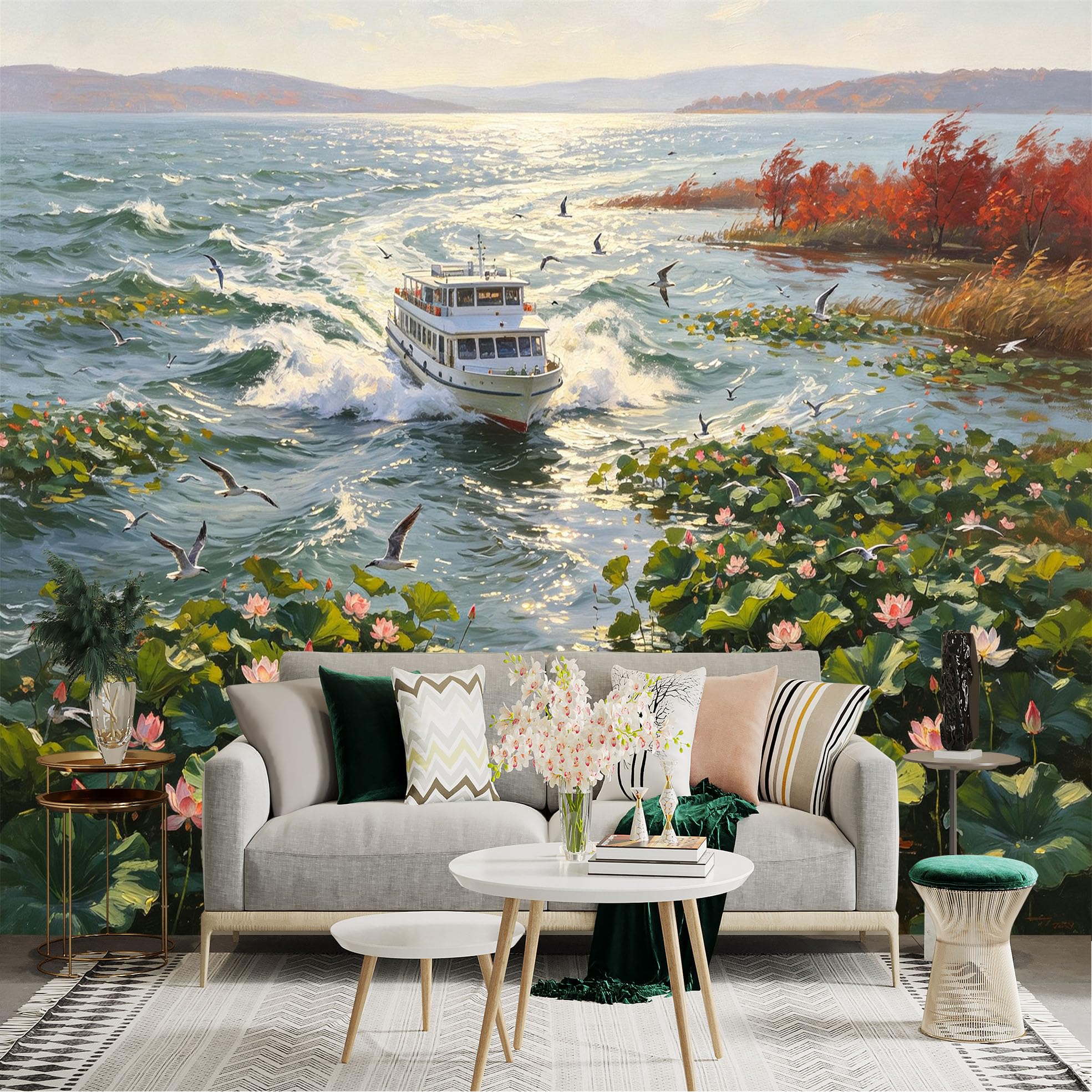 Custom Size Wall Sticker Mural， Cruise Ship on Lake， Blooming Pink Lotus Flowers， Flying Seagulls， Autumn Scenery， for wall Decoration， peelandstick wall Decals.