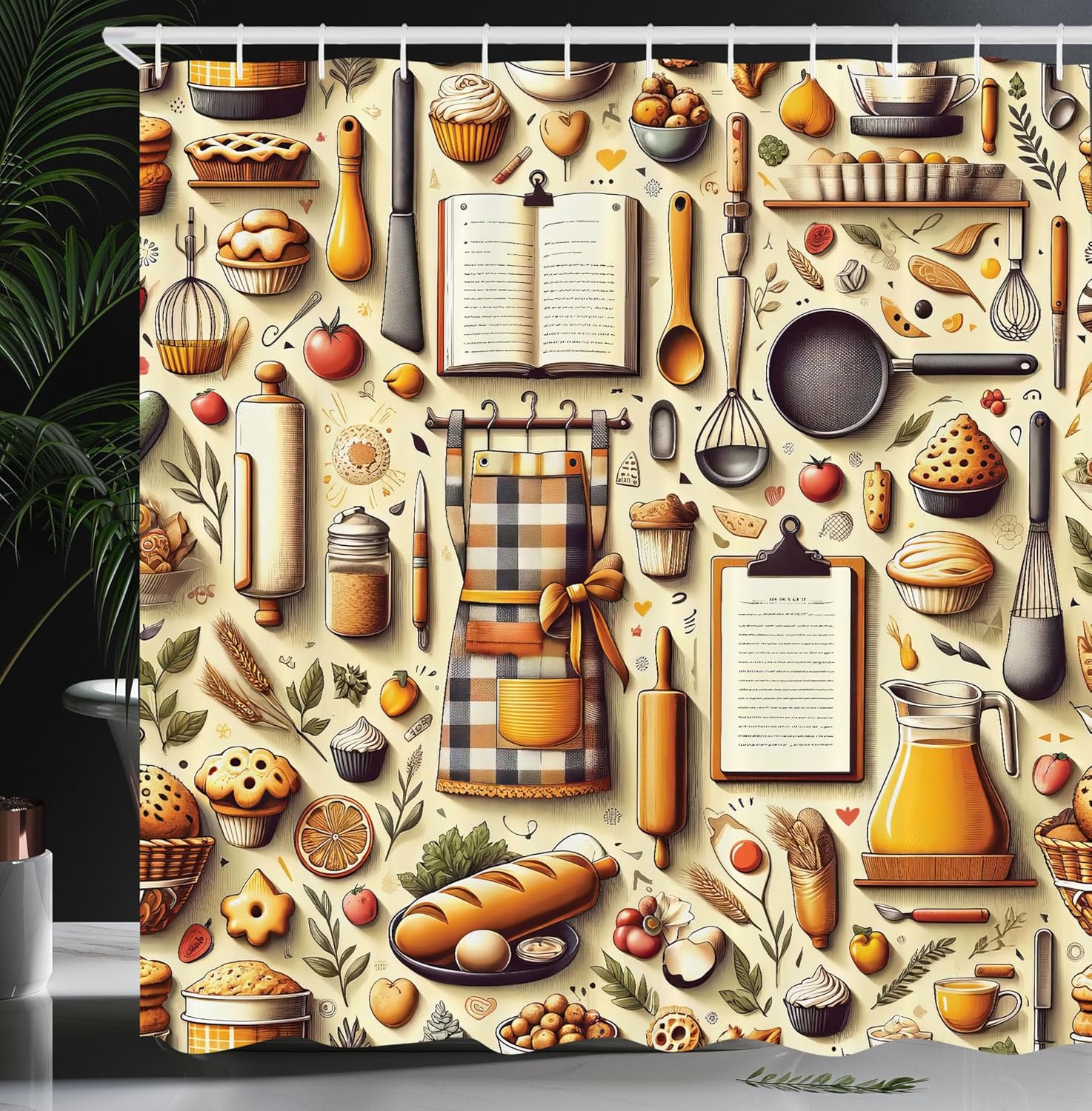 Ambesonne Cooking Themed Shower Curtain, Pattern with Bakery Food Kitchen Concept Recipe Ingredients Chef Print, Cloth Fabric Bathroom Decor Set with Hooks, 69" W x 84" L, Cream and Orange