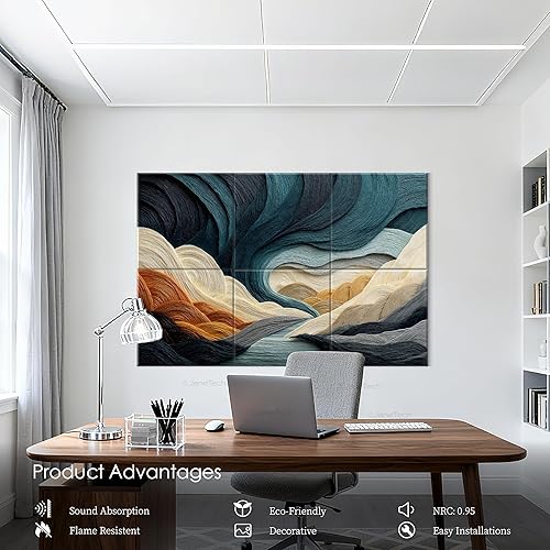 Miniatura 5 de Paquete de 6 paneles acústicos decorativos de 72 x 48 pulgadas, paneles acústicos para hogar, oficina, estudio, instalación rápida y fácil