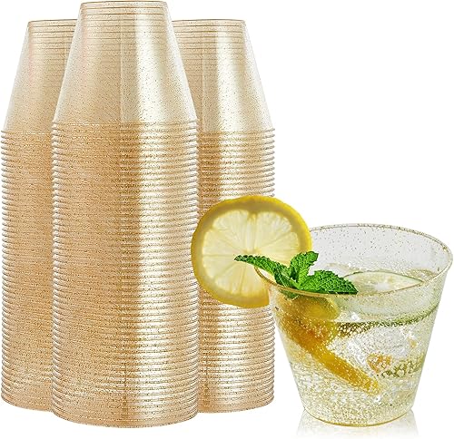 FOCUSLINE Vasos de plástico dorado de 9 onzas, vasos desechables de plástico duro transparente, purpurina dorada, resistentes, reutilizables, 100