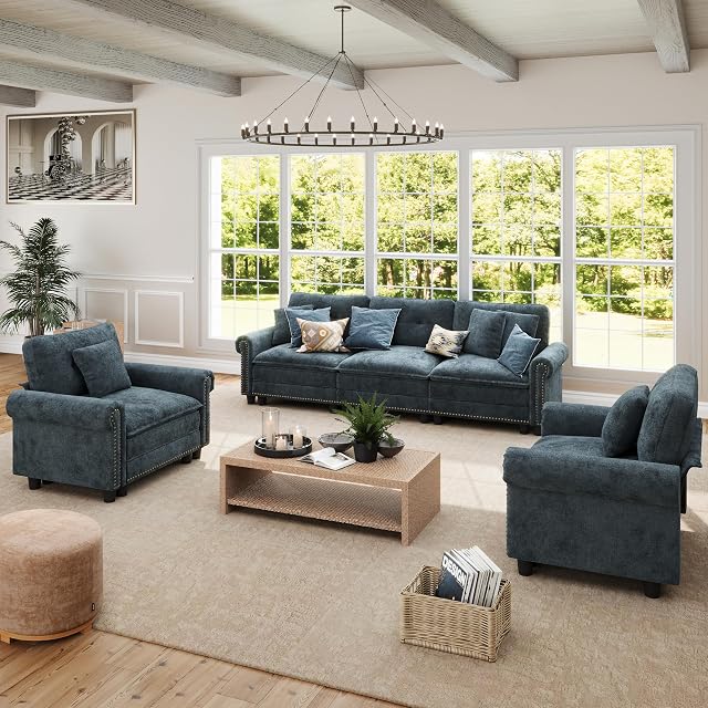 3-Piece 5-Seater Cloud Modular Sofa Set with Extra Deep Wider Cushions Oversized Mid-Century Modern Couch Set with Armchair