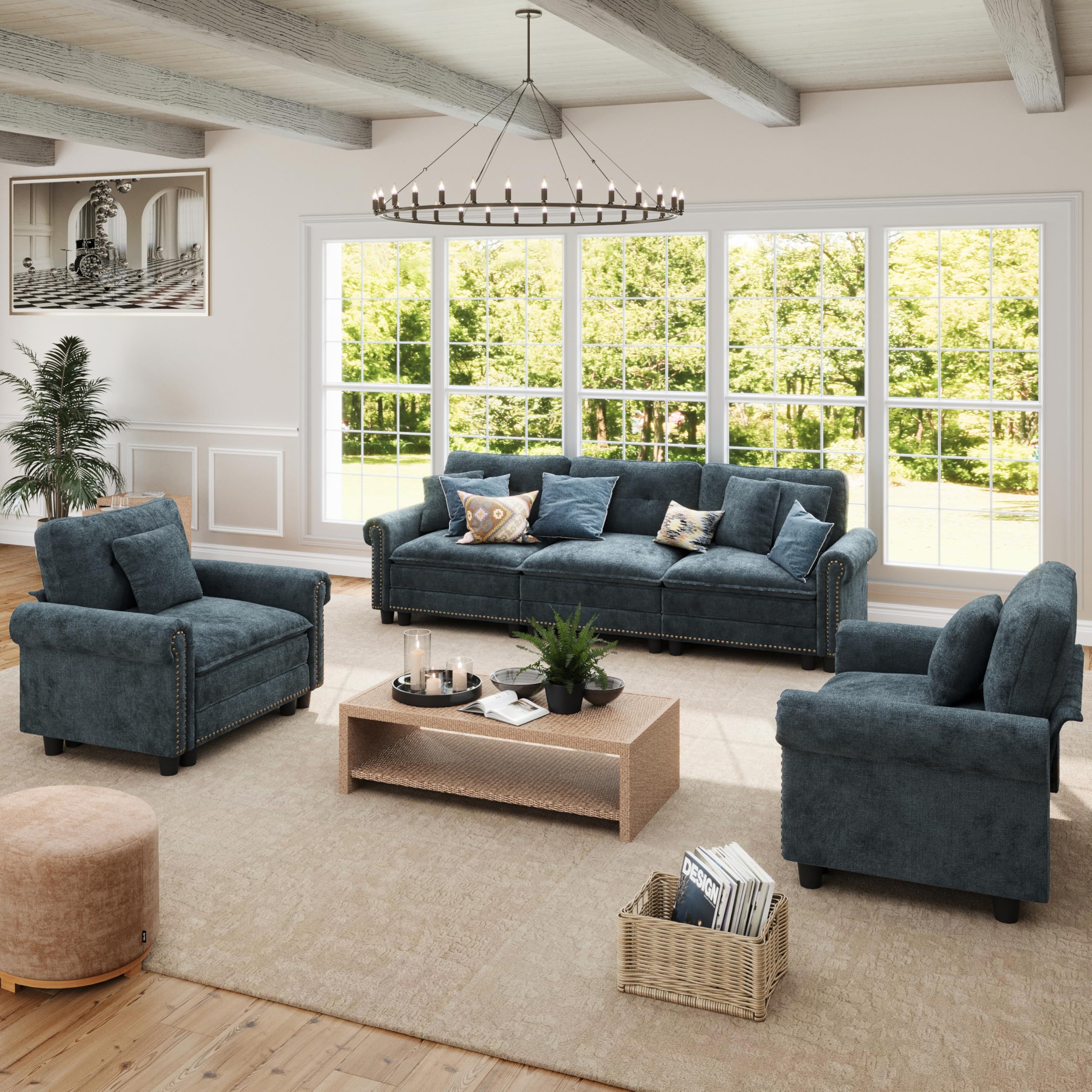 3-Piece 5-Seater Cloud Modular Sofa Set with Extra Deep Wider Cushions Oversized Mid-Century Modern Couch Set with Armchair