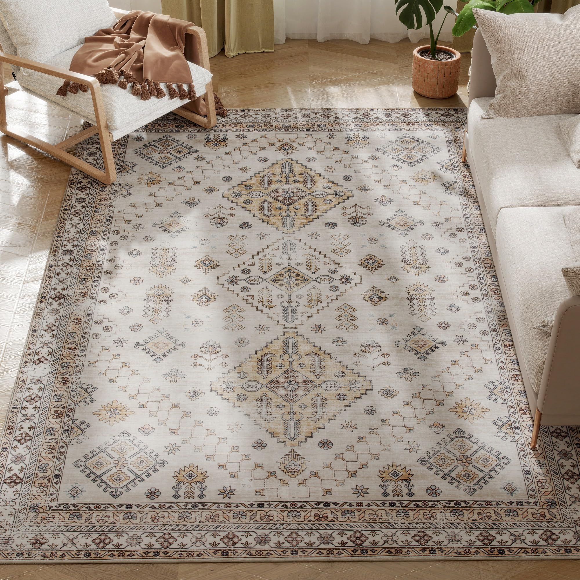 HOMCOM Vintage Area Rug, Non-Slip Washable Rug, Flannel Floor Carpet for Living Room, Bedroom, Dining Room, Home Office, 230 x 160 cm, Beige