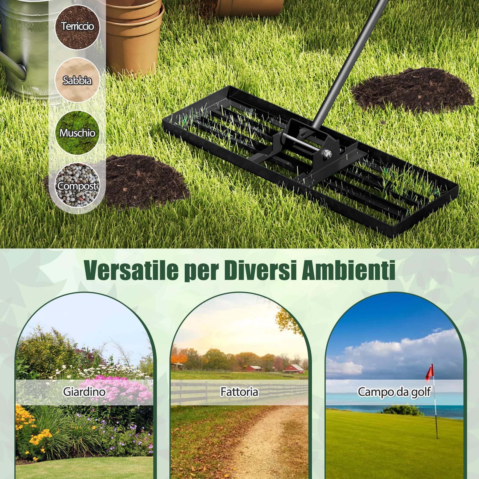 COSTWAY Rastrello Livellatore per Prato, Attrezzo per la Livellatura del Prato con Manico Ergonomico, Livellatrice per Giardino, Cortile, Campo da Golf, Fattoria e Pascolo (Nero 75 x 25 cm)