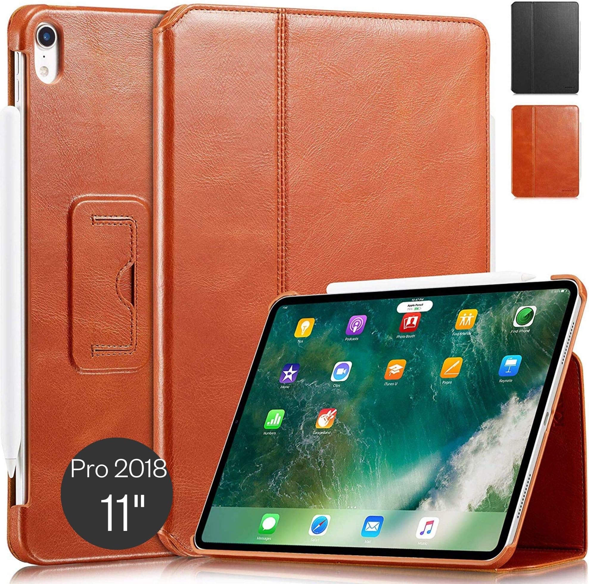 KAVAJ Case Leather Cover "Berlin" works with Apple iPad Pro 11" 2018 Cognac-Brown Genuine Cowhide Leather with Built-in Stand Auto Wake/Sleep Function. Slim Fit Smart Folio Covers