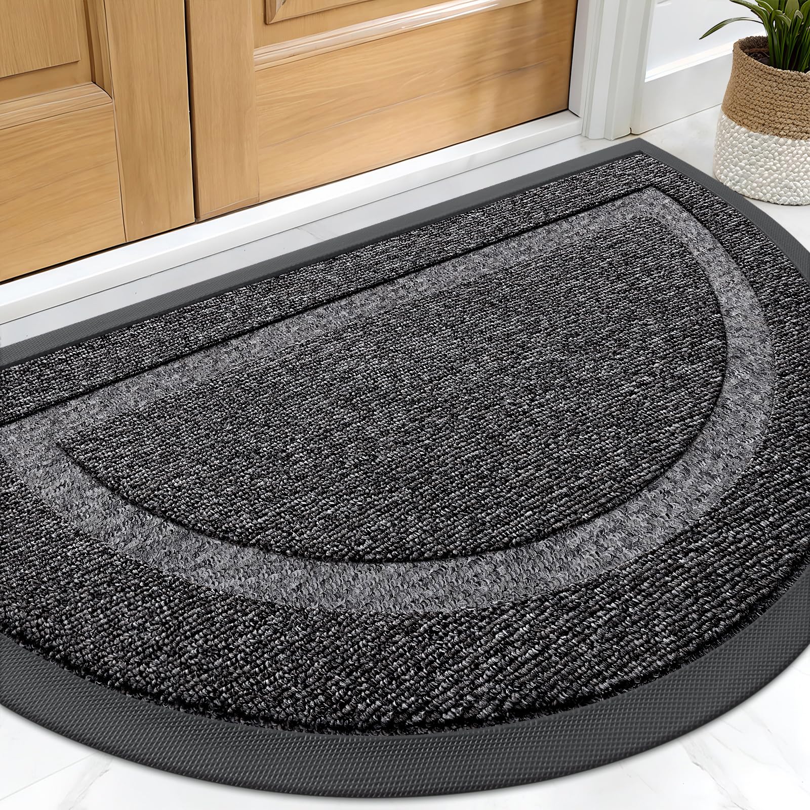 OLANLY Half Circle Front Door Mat Outside 71x23 All-Season Rubber Doormat | Black and White, Absorbent, Heavy-Duty, Stain and Fade Resistant, Non-Slip Backing, Low-Profile Indoor Outdoor Entryway Mat