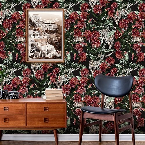 Miniatura 10 de CRE8TIVE Papel tapiz de vinilo autoadhesivo removible de 24 x 354 pulgadas, tamaño grande, diseño floral oscuro, diseño botánico de hojas de