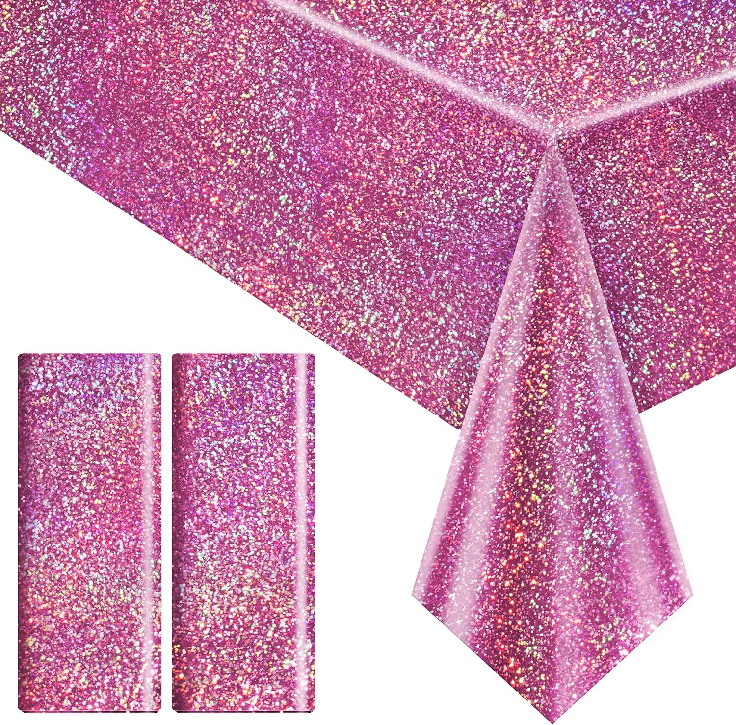 2 Pack Pink Holographic Tablecloths 40x108", Iridescent Plastic Table Covers for Rectangle Tables, Disposable Shiny Party Tablecloth for Girls Birthday, Laser Theme Bachelorette, Baby Shower, Wedding