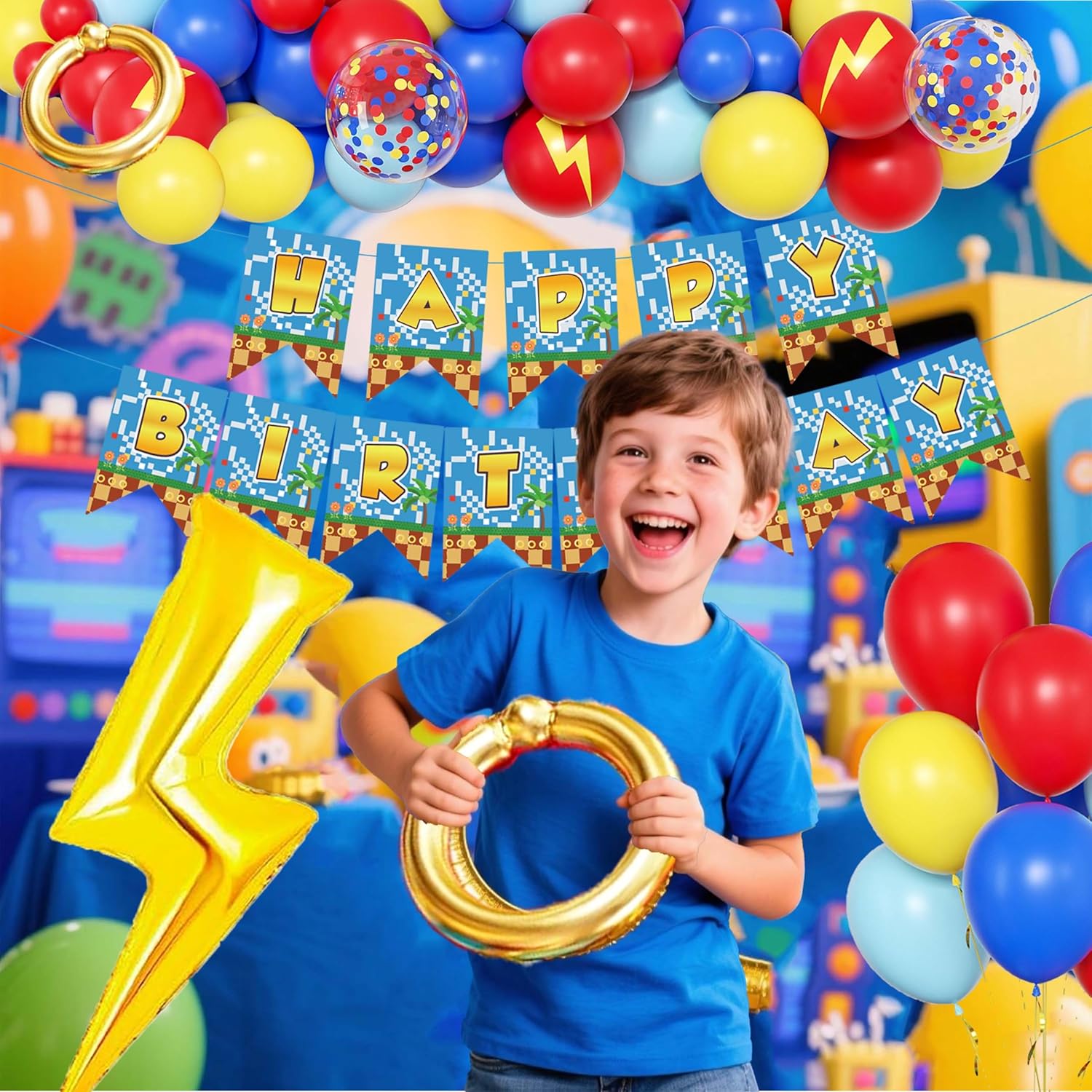 Cartoon Hedgehog Birthday Decorations for Boys,Blue Red Gold Fringe Curtains, Gold Circle Explosion Star Foil Balloon,Happy Birthday Banner - Image 3