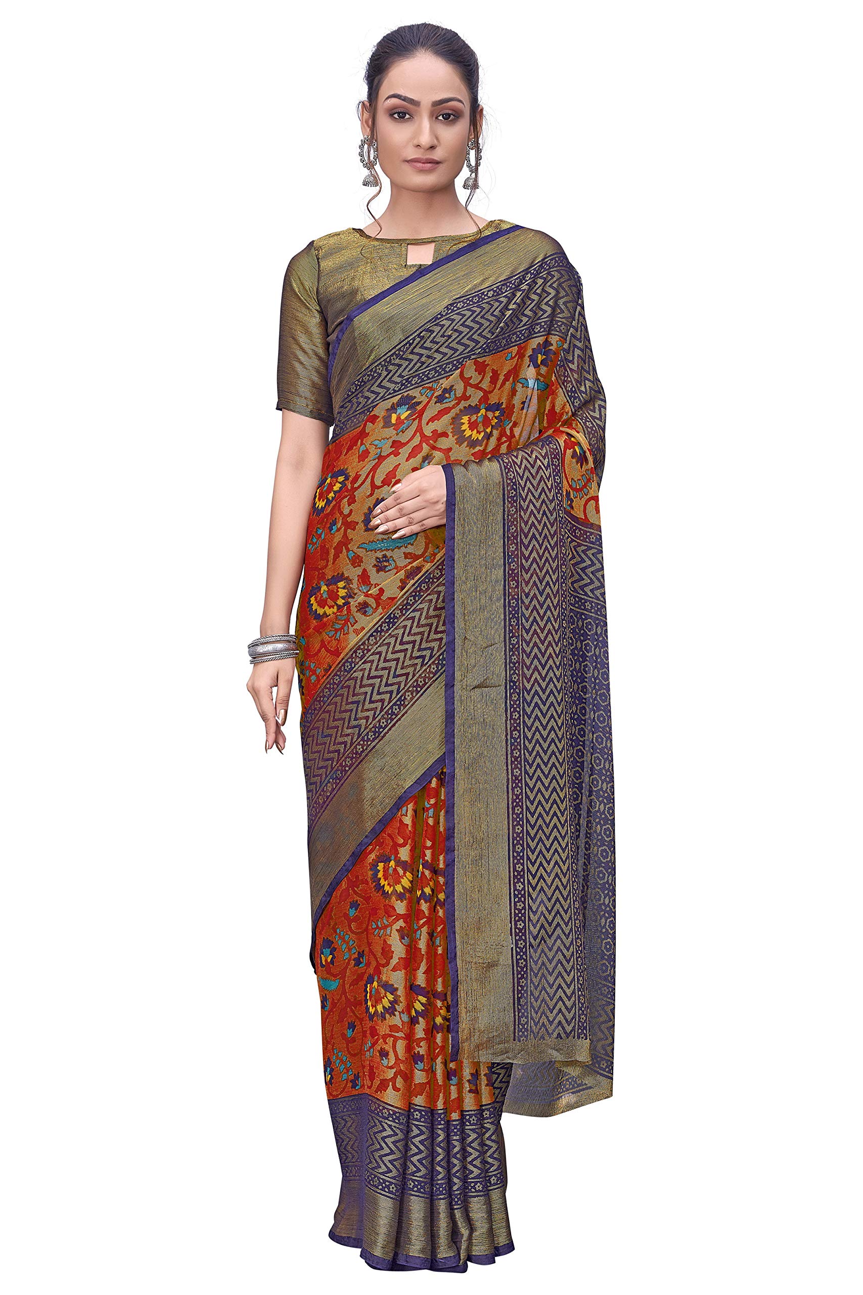 Glory Sarees Women's Brasso Saree With Blouse Piece (Gs_Brasso_Saree104_Red)