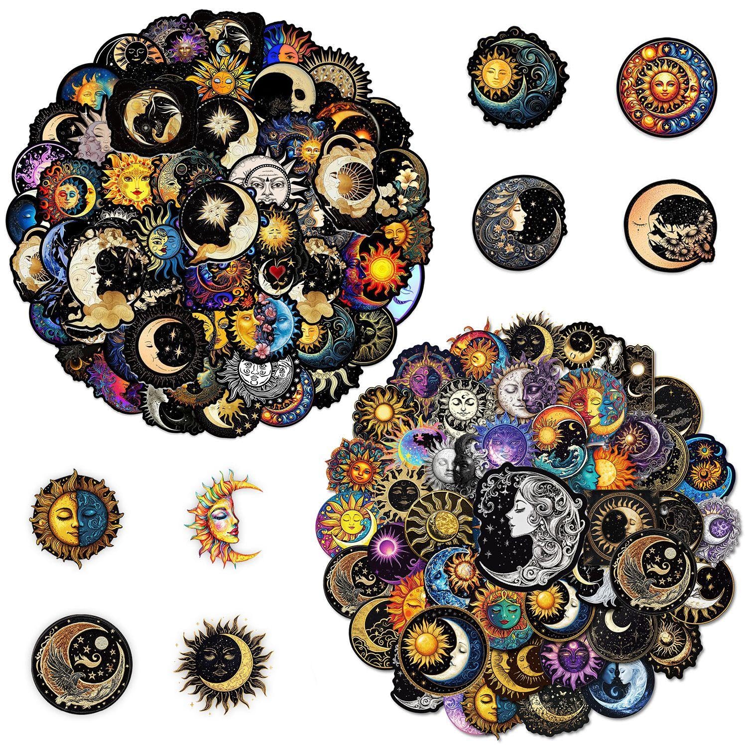 HINFHI 100 Moon And Sun Stickers, Retro Personality Stickers, Scrapbook Accessories, Decorate Water Bottles, Guitars, Suitcases.