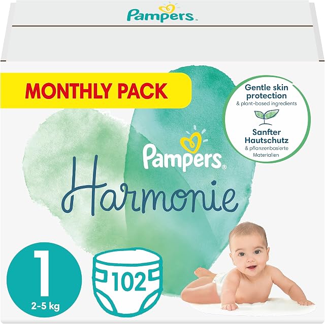 Pampers Pieluchy Rozmiar 1 (2-5 kg), Harmonie Pieluszki, 102 Sztuk, Ochrona Delikatnej Skóry i Składniki Pochodzenia Roślinnego