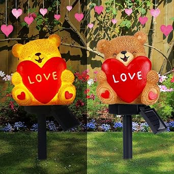 VIHOSE Valentines Day Solar Bear with Heart Garden Stake Lights Love Themed Bear with Heart Outdoor Solar Lights Waterproof Statue Figurine Garden Art for Home Patio Outdoor Decoration