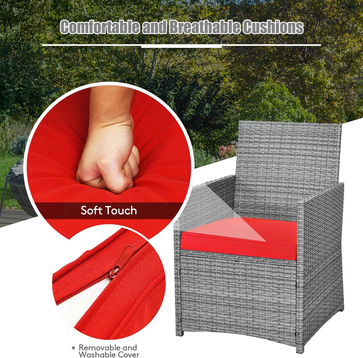 DORTALA Wicker Outdoor Bistro Set 3 Piece, Patio Furniture Set for Small Space with Table & Dining Chairs, Rattan Conversation Sofa Set for Balcony, Porch, Backyard, Deck, Red