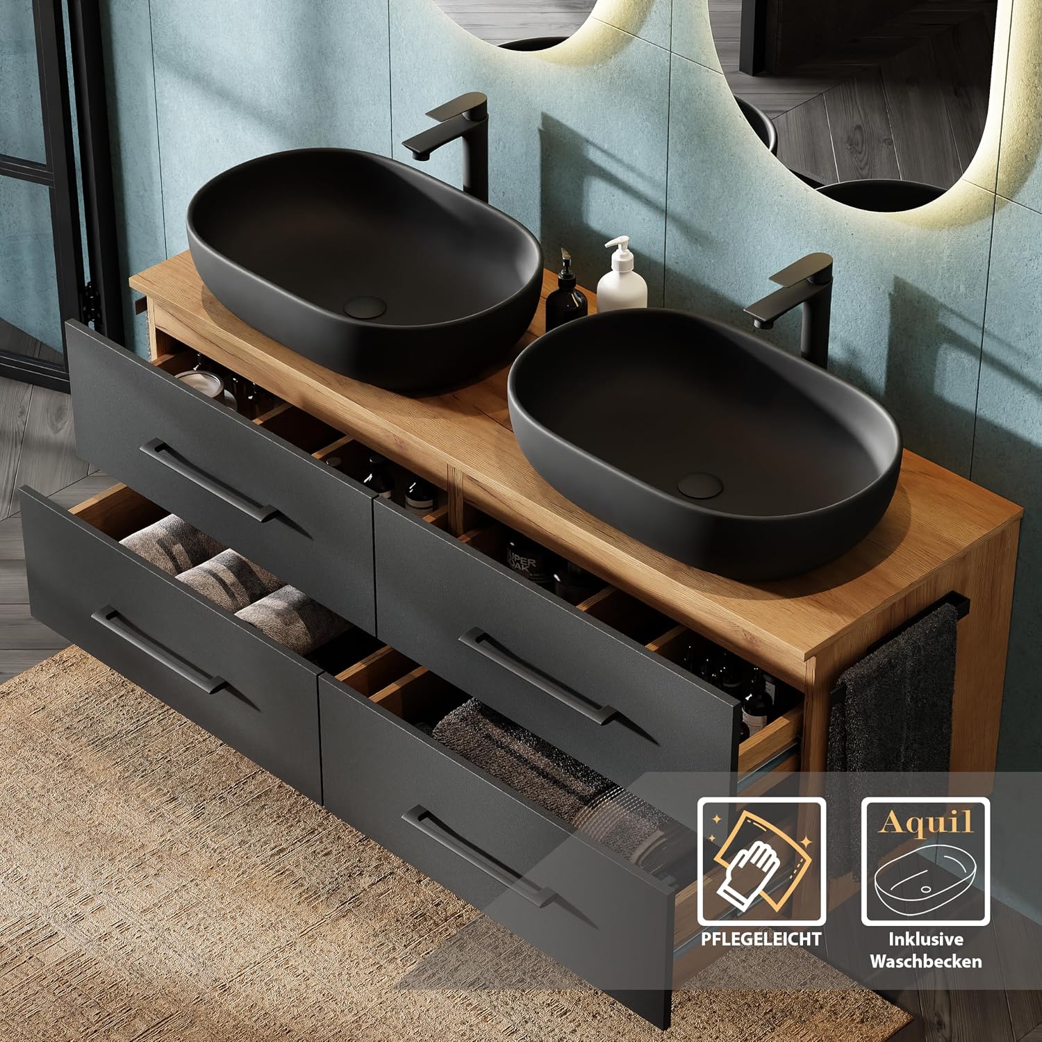 Set of 2 Washbasins 60 Cm Black + 2 Mirrors (Without Led)