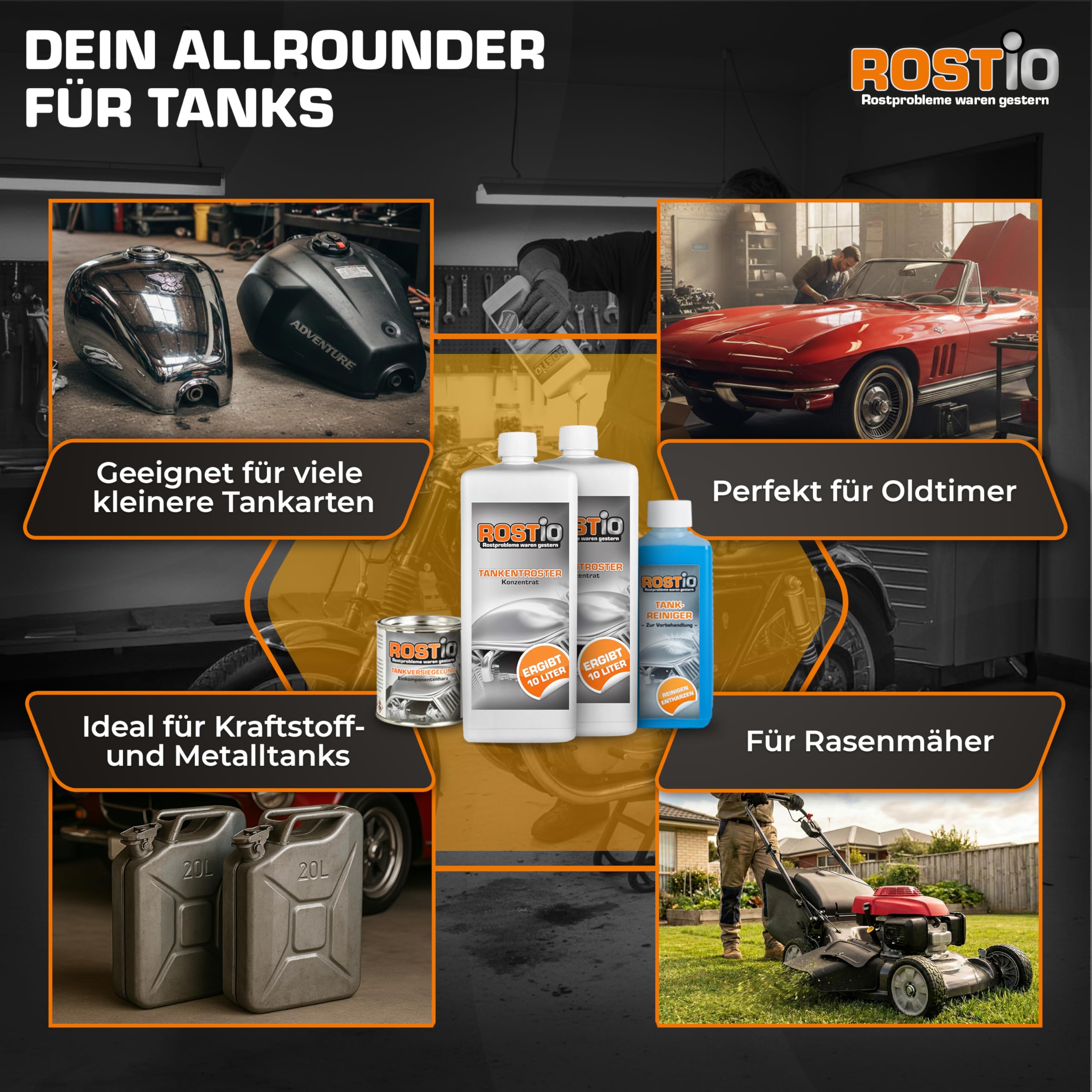 Rostio Tankentroster-Set 2L – inkl. 500ml Tankreiniger & 250ml Tankversiegelung – Mischverhältnis 1:10 (20 L Lösung) – Tanks bis 20L – Rostentferner & Korrosionsschutz – ethanolfeste Versiegelung