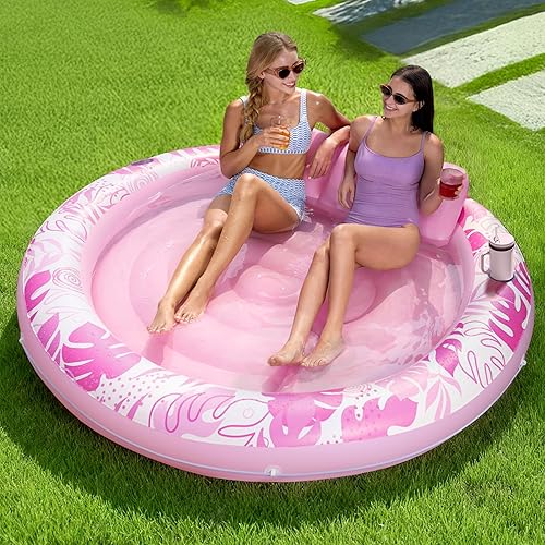 Miniatura 10 de SLOOSH Flotador inflable para piscina de bronceado, flotadores de piscina de 72 x 56 pulgadas para adultos con almohada, flotador redondo 4 en 1,