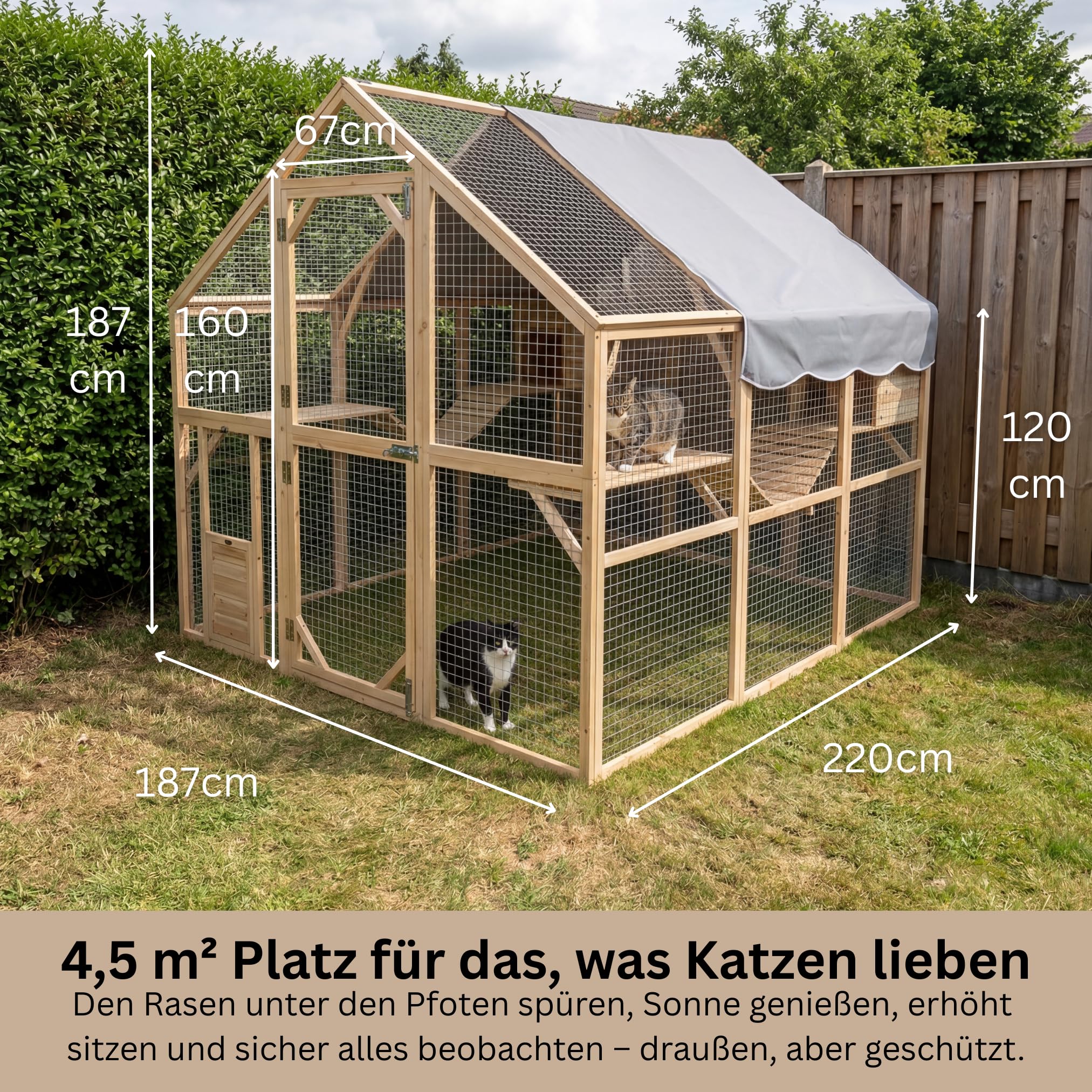 Katzengehege Outdoor XXL – Katzenauslauf und Freilaufgehege für Garten | Massives Holz, 2 mm verzinktes Stahlgitter, begehbar durch große Tür, wetterfest, inkl. Schutzhäuschen, auch für Terrasse