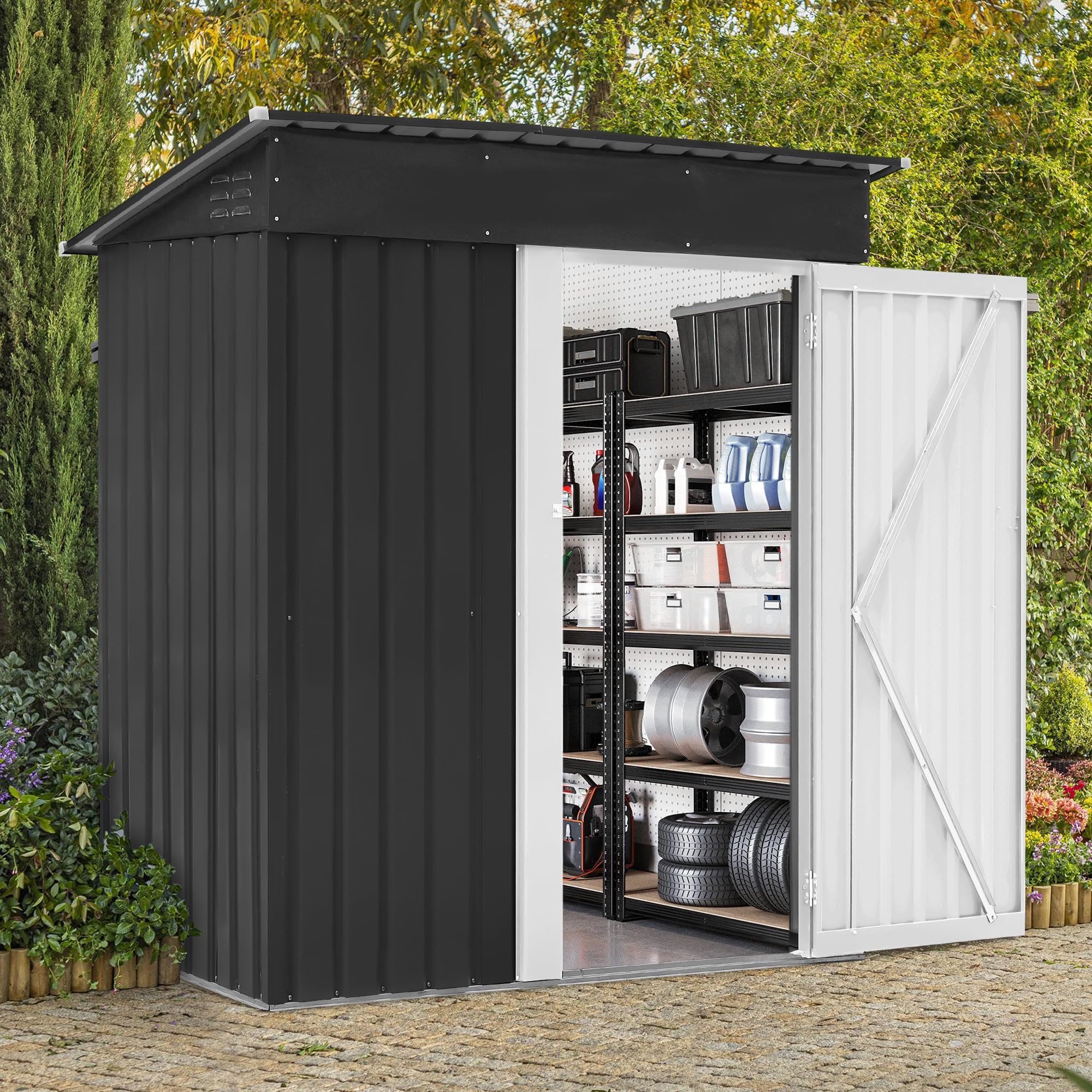 5x3 FT Outdoor Storage Shed Garden Shed Tool Shed with Lockable Door and Sloping Roof, Durable Metal Storage Shed for Backyard, Outside, Patio, Dark Gray
