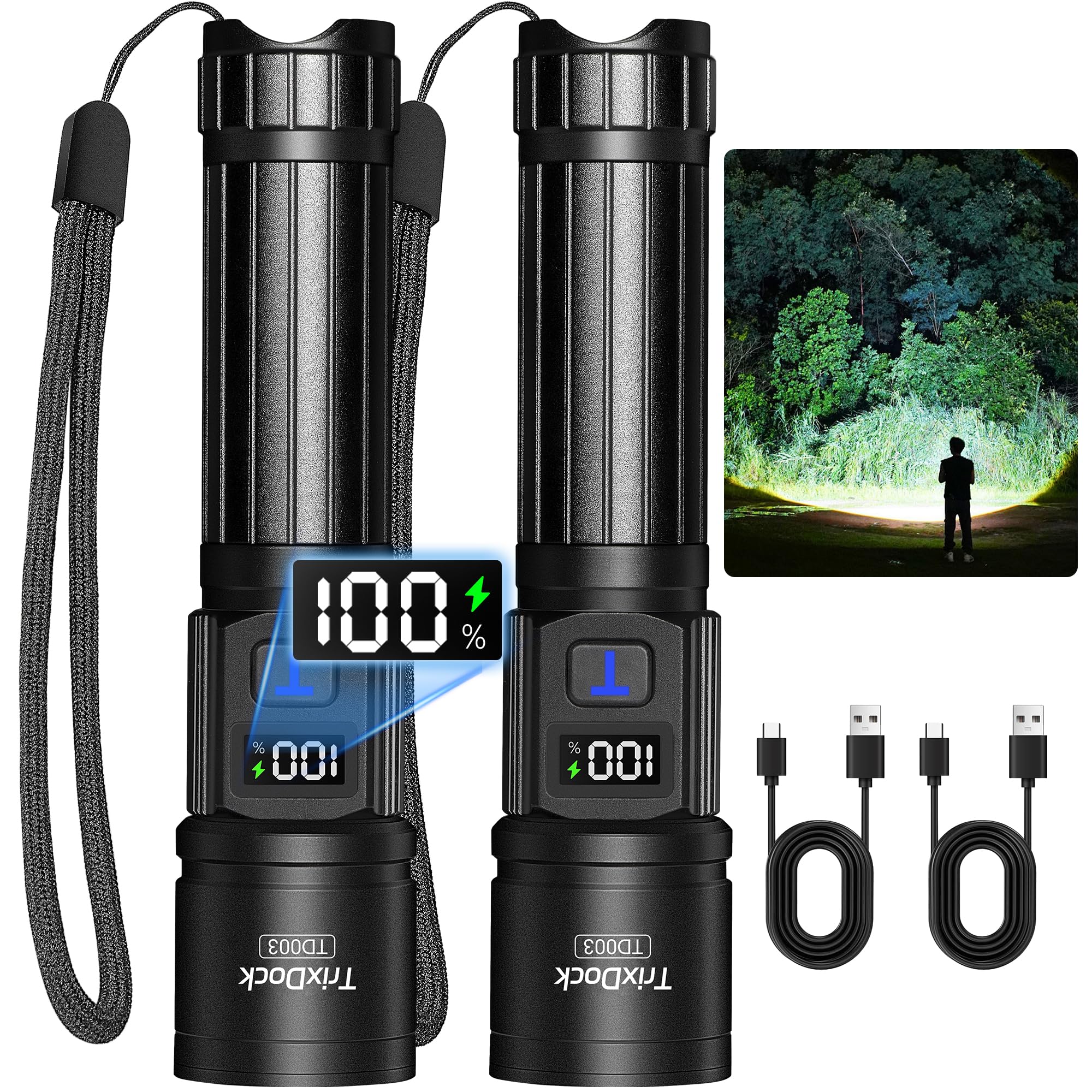Taschenlampe LED Aufladbar 2 Stück, USB-C, Zoom, LCD-Display, 5 Modi