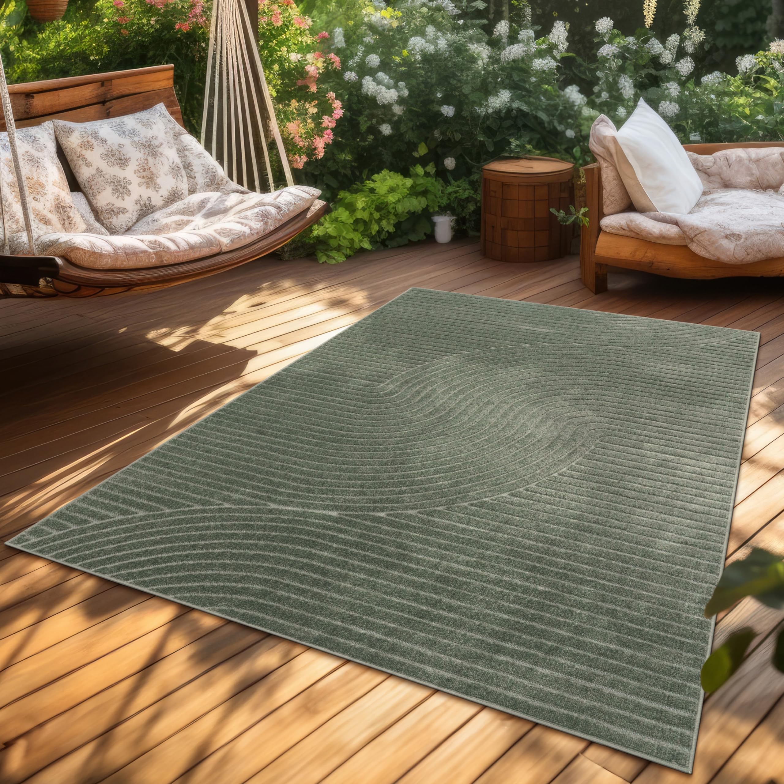 Paco Home Teppich In- & Outdoor, Moderne abstrakte Boho Designs mit 3D Struktur, robust & wetterfest, ideal für Terrasse Wohnzimmer & Küche, Grösse:120x160 cm, Farbe:Grün