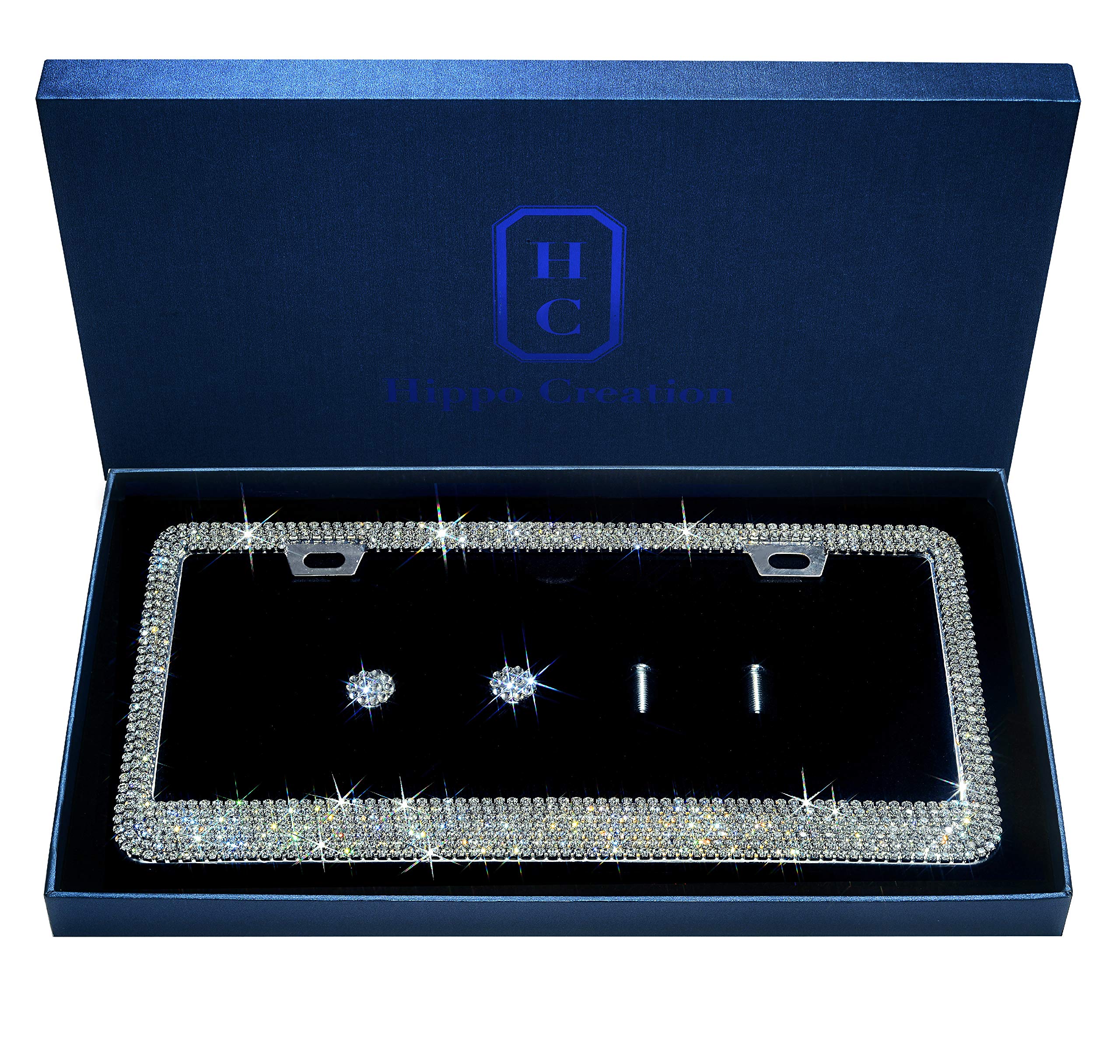 Handcrafted Bling License Plate Frames for Women, Men | 1 Pack Bedazzled Cover with Glittery Screw Caps | Stainless Steel Rhinestone License Plate Frame/Cover | Giftbox Included-White Prong