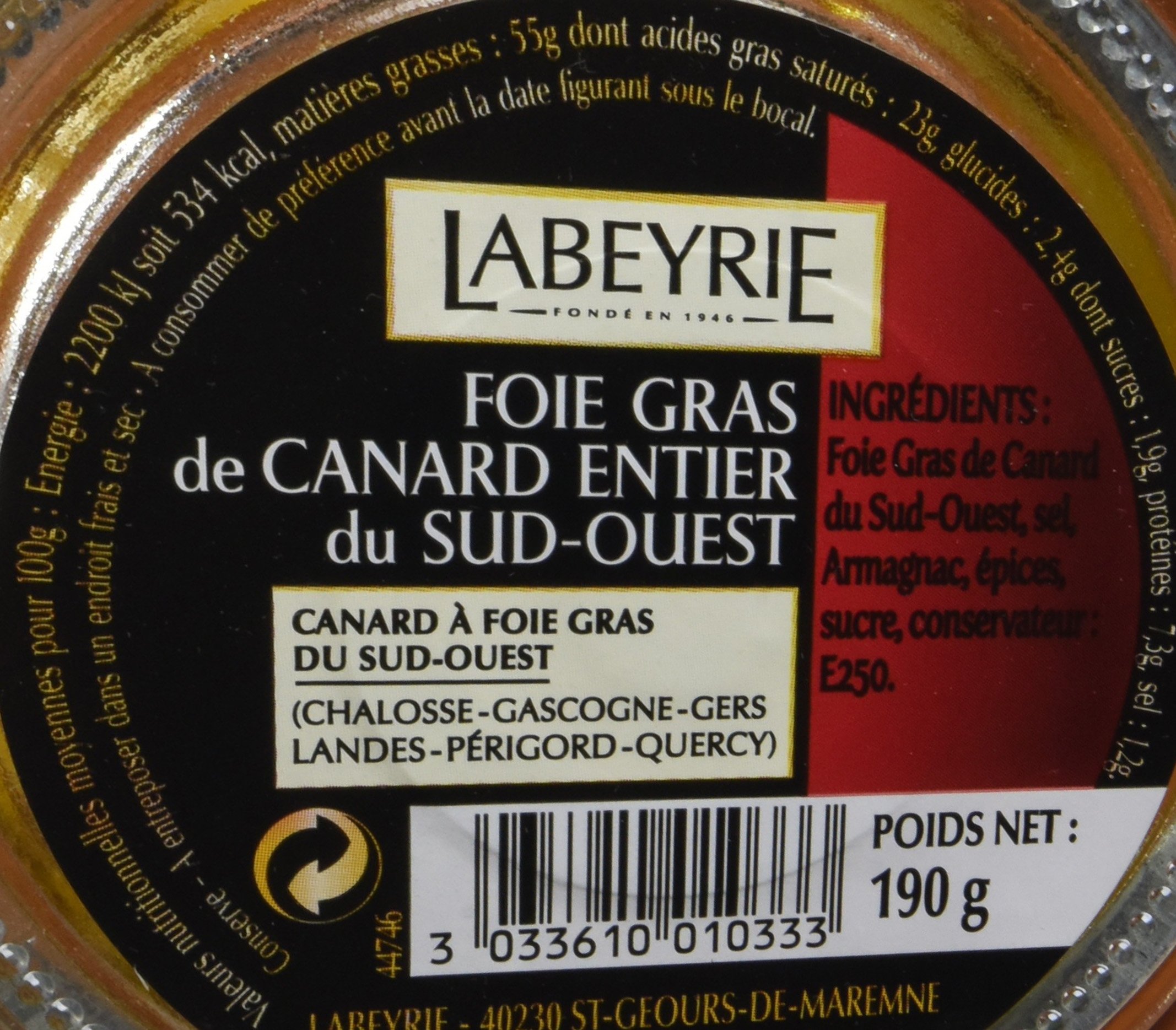 Labeyrie Foie Gras de Canard Entier du Sud-Ouest Bocal 190 g