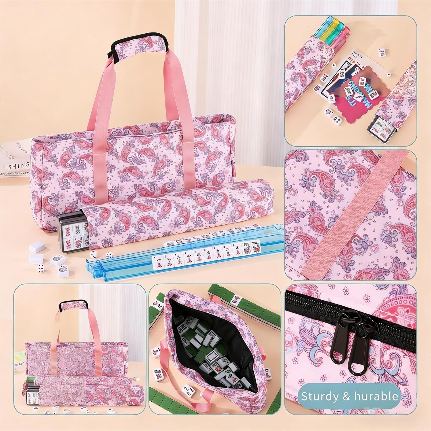 Mahjong Bags for Tiles and Racks, 20-Inch Racks & American Tiles Fit - Rack Bag, Tile Covers & Accessory Pouch, Travel Portable Tote for Mahjong Players & Enthusiasts, Pink (Bag Only)