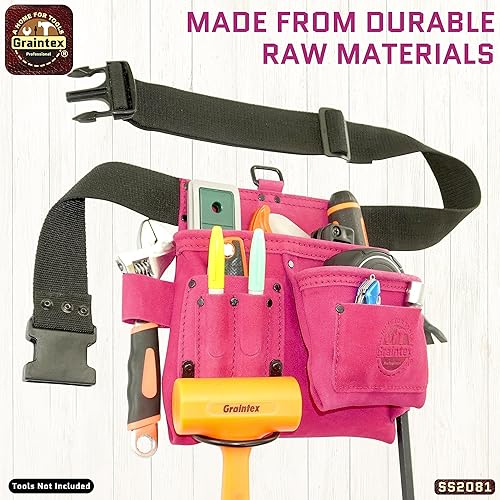 Miniatura 10 de GRAINTEX SS2081 - Bolsa de 5 bolsillos para uñas y herramientas, piel de gamuza de color rosa con cinturón de cincha de 2 pulgadas para