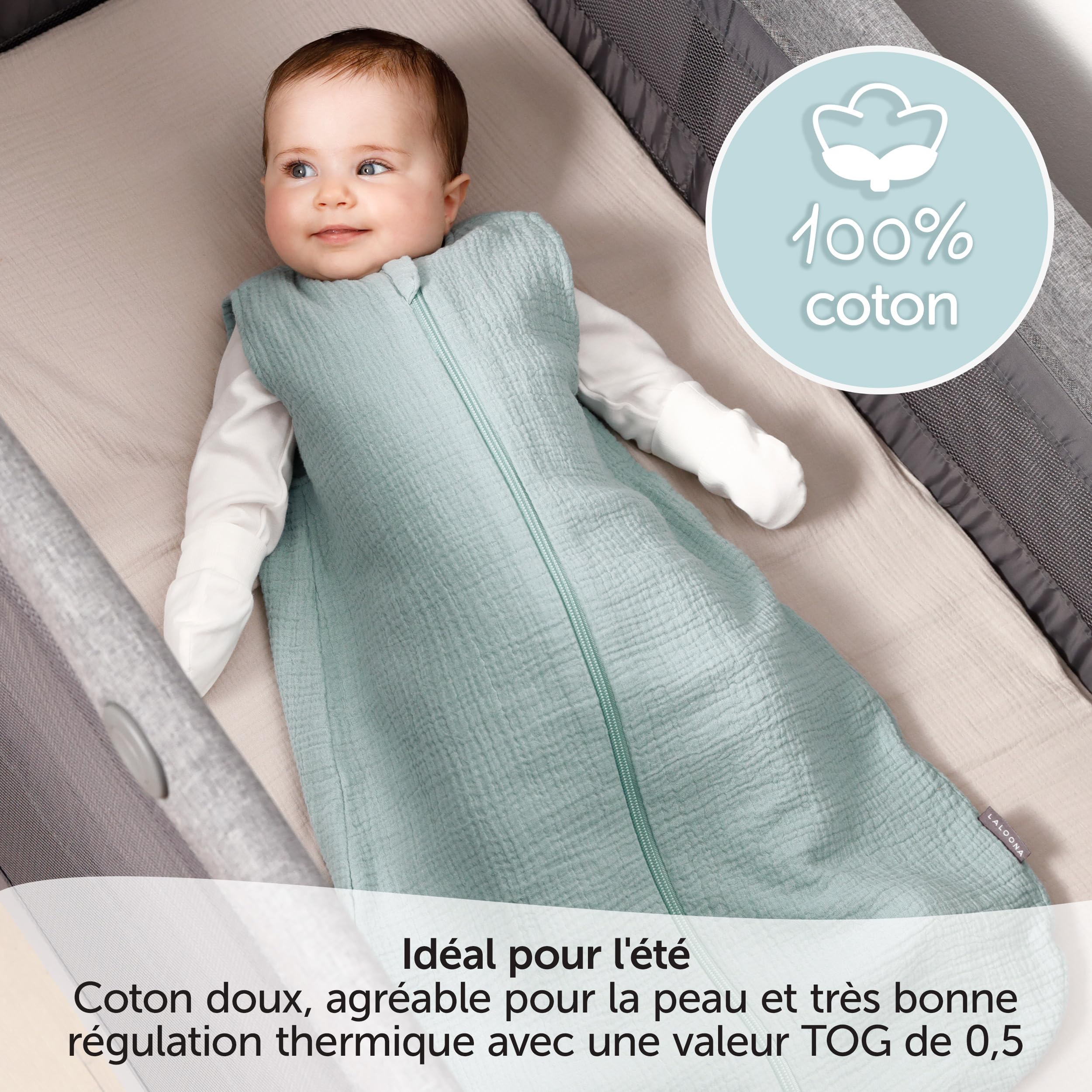 LaLoona Gigoteuse Bébé Été Mousseline sans Manches 0.5 TOG, Turbulette Légère 100% Coton Respirant – Gigoteuse Ete Printemps Certifiée Oeko-Tex - Vert Menthe (110 cm)