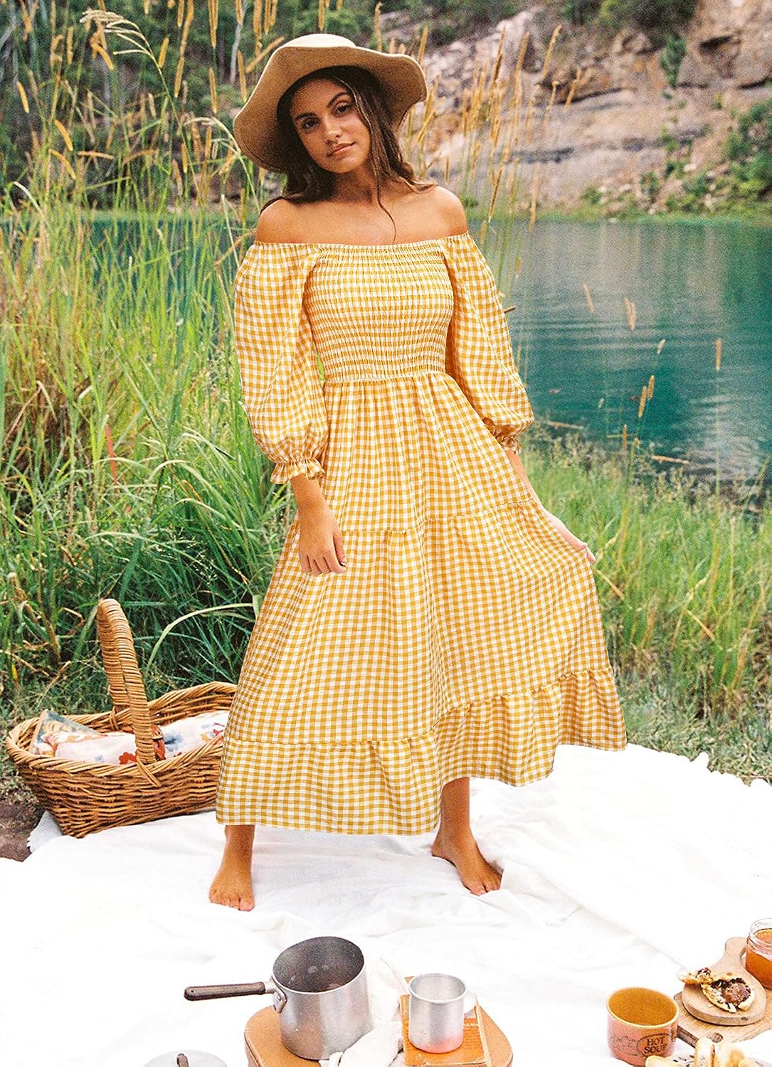 UIMLK Women's Boho Flowy Cottagecore Puff Sleeve Off The Shoulder Summer Casual Plaid Ruffle Midi Long Dress