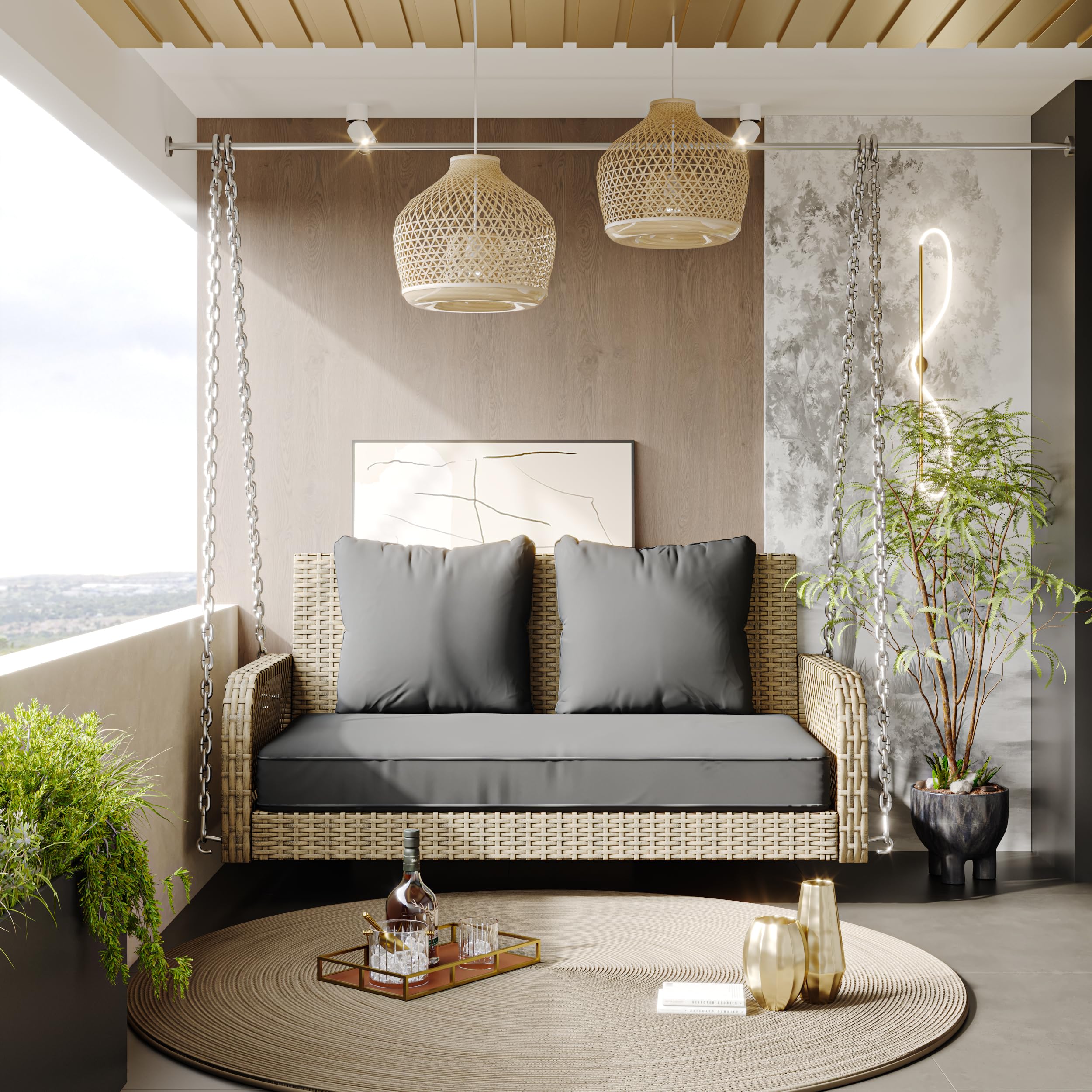 Columpio de jardín, columpio de jardín, juego de muebles de jardín para exteriores, ratán beige, cojín de asiento gris, 2 asientos, con cojín de asiento y cojín de respaldo, extraíble y