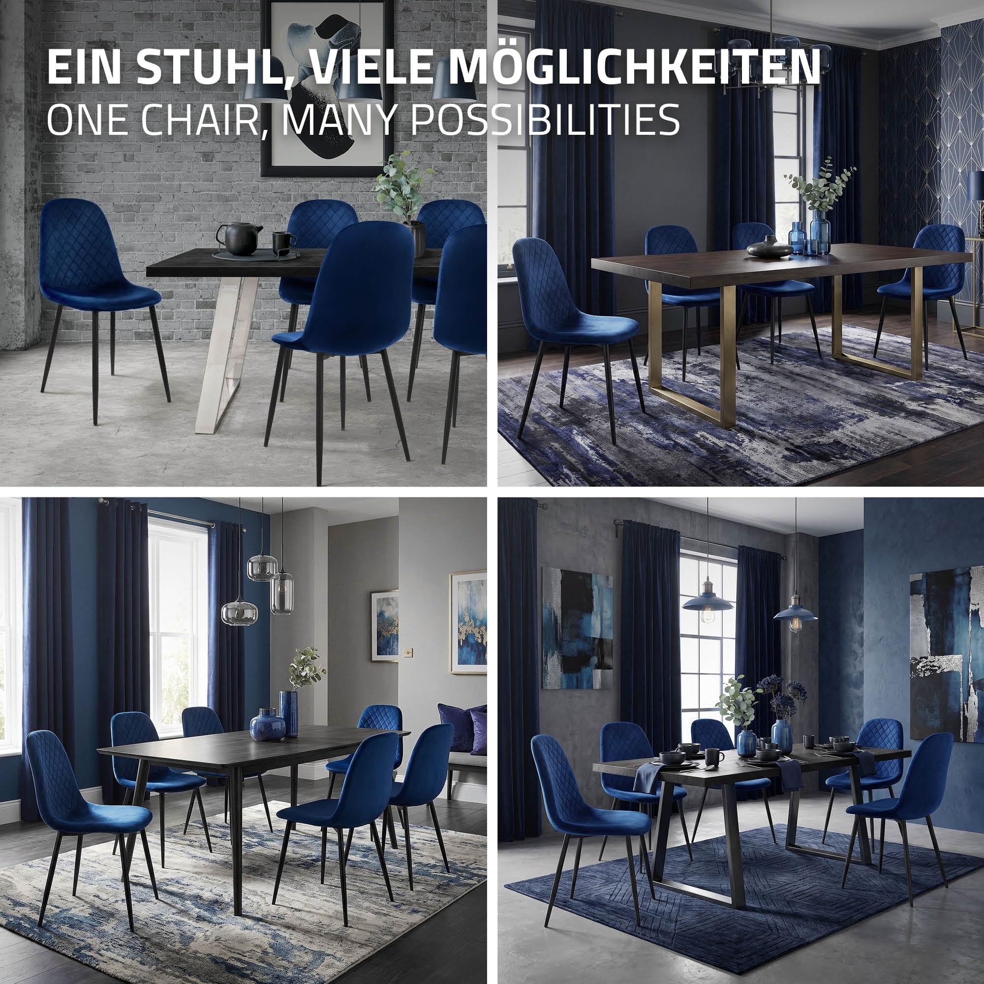 ML-Design Juego de 4x Sillas de Comedor Azul Oscuro con respaldo Asiento Ergonómico Acolchado Tapizado de Terciopelo con Patas de Metal Sillón de Diseño Moderno para Mesa de Salón, Escritorio o Cocina