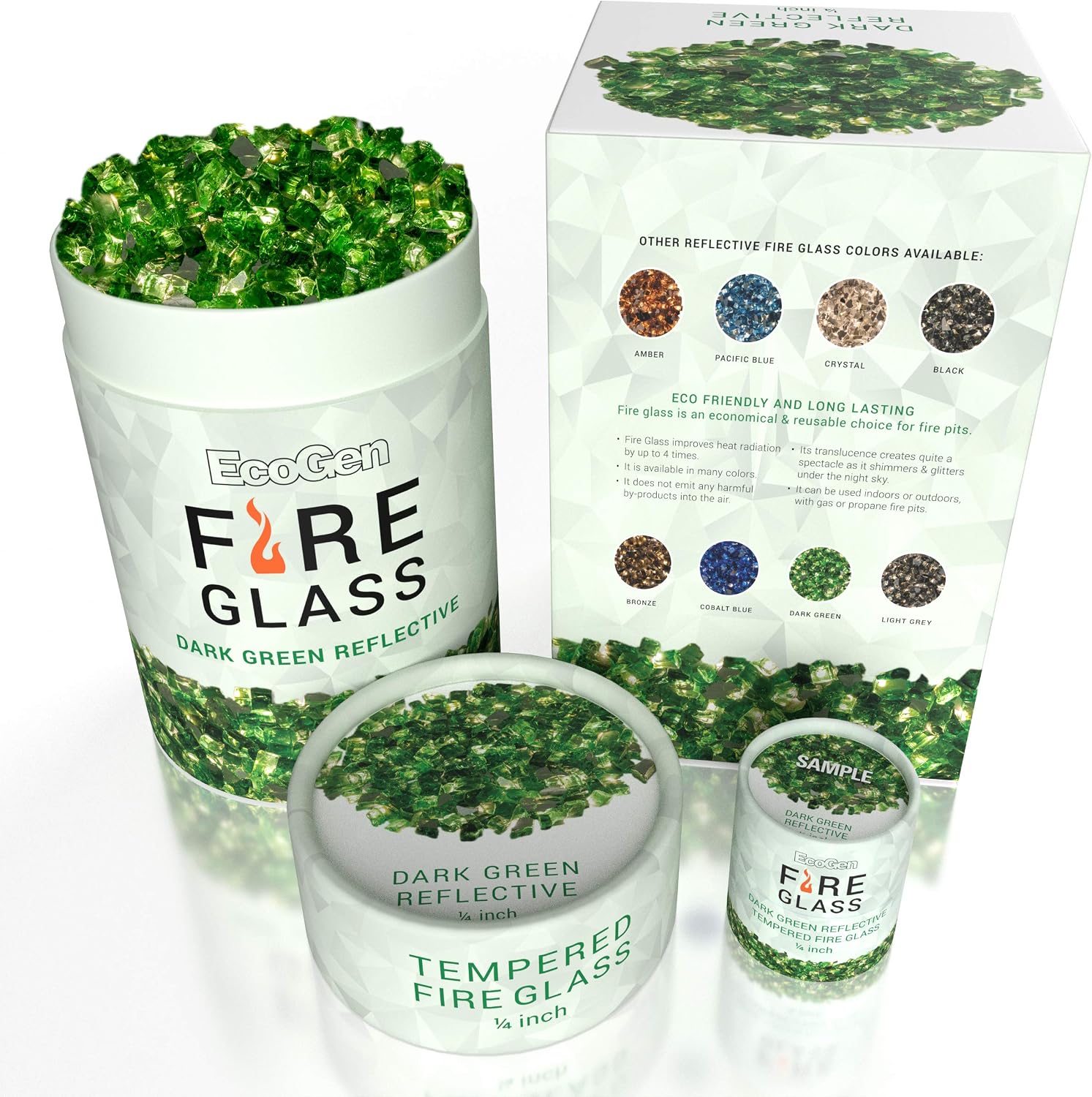 EcoGen Fire Glass for Outdoor Fire Pits and Indoor Fireplace, Color, Optimal Heat for Propane or Gas, Tempered and Reflective, Eco-Friendly Packaging, Dark Green 1/4 inch Reflective 12 lbs.