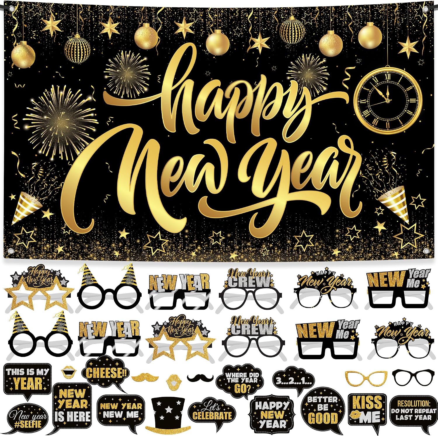 KatchOn, New Years Eve Party Supplies 2026 - Pack of 32 | Happy New Year Banner, NYE Photo Booth Props for New Years Decorations 2026 | Happy New Year Backdrop, 2026 Glasses for NYE Decorations 2026