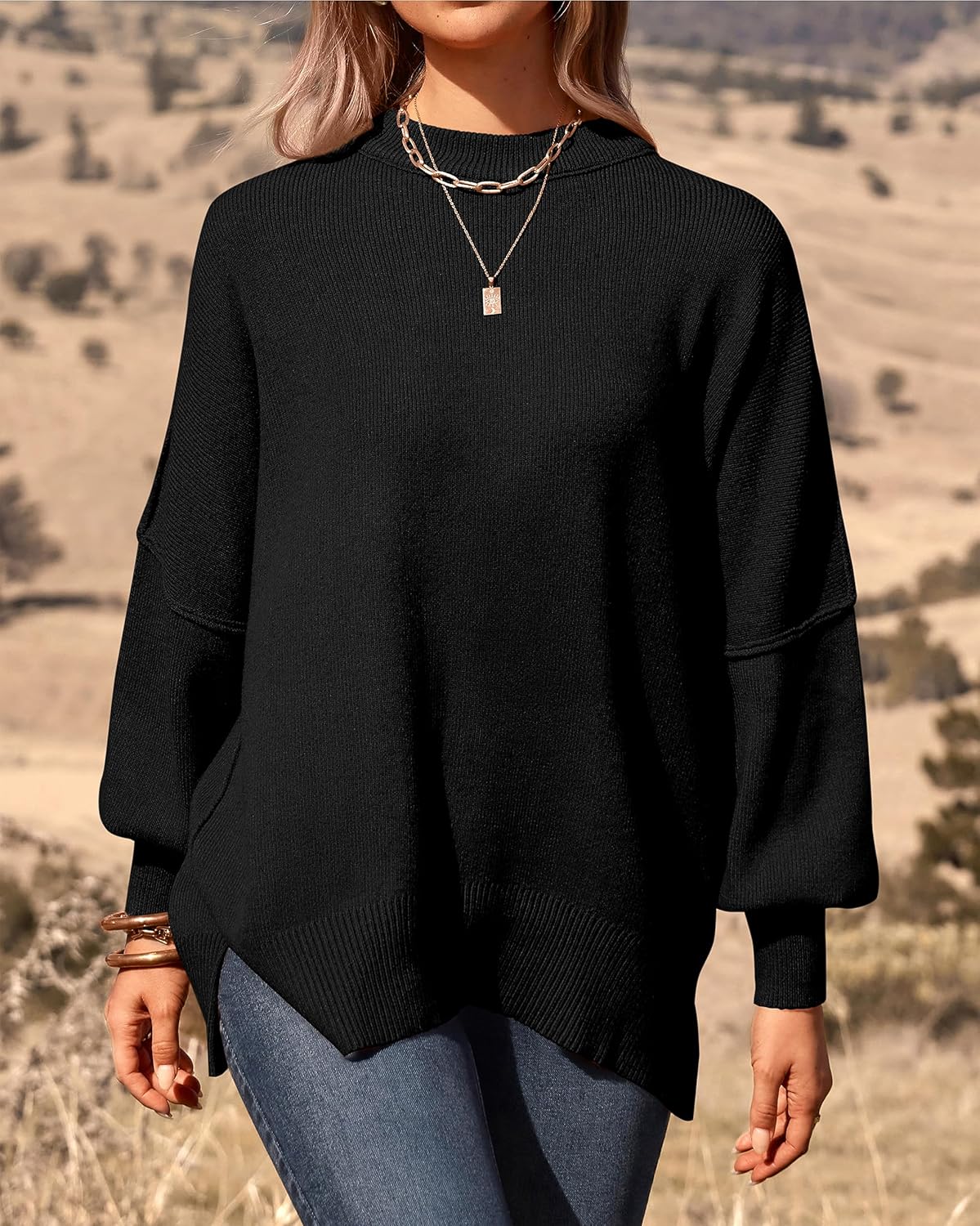 PRETTYGARDEN Women's Oversized Sweater 2025 Casual Fall Outfits Crewneck Long Sleeve Side Slit Chunky Knit Pullover Tops - Image 2