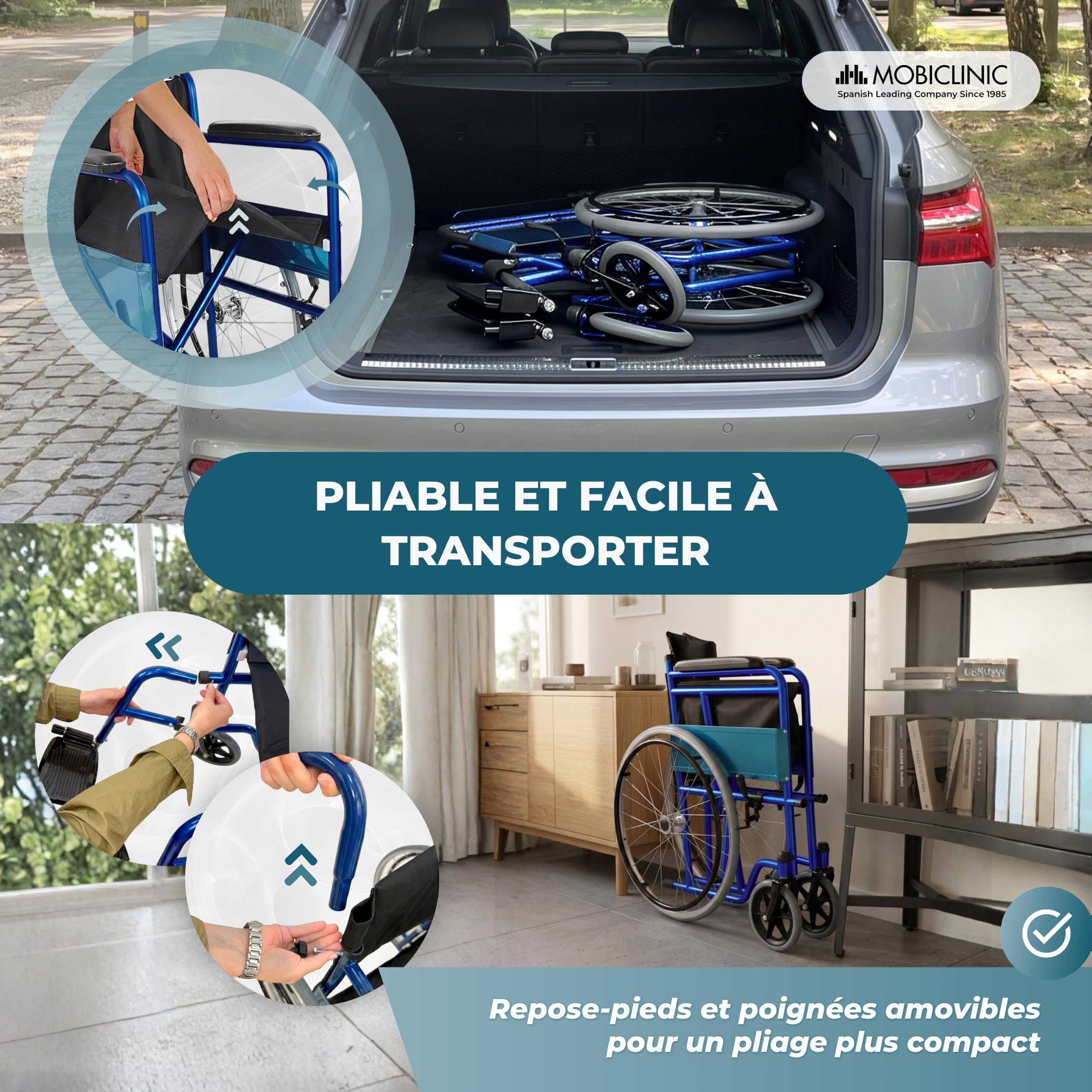 Mobiclinic®, Fauteuil roulant pliant, Alcázar, Marque européenne, Siège 46 cm, Frein manuel, Accoudoirs fixes et repose-pieds pliants, Pour personnes handicapées, Couleur bleu/noir