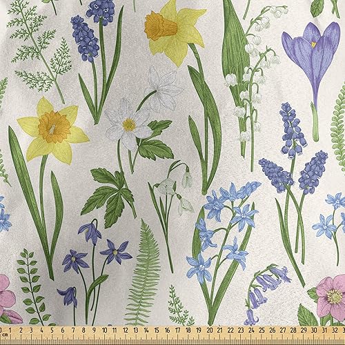 Miniatura 2 de Ambesonne Spring Fabric by The Yard, Seasonal Garden Plants in Full Blossom Rural Country Meadow Wild Flowers Pattern, Decorative Satin Fabric for